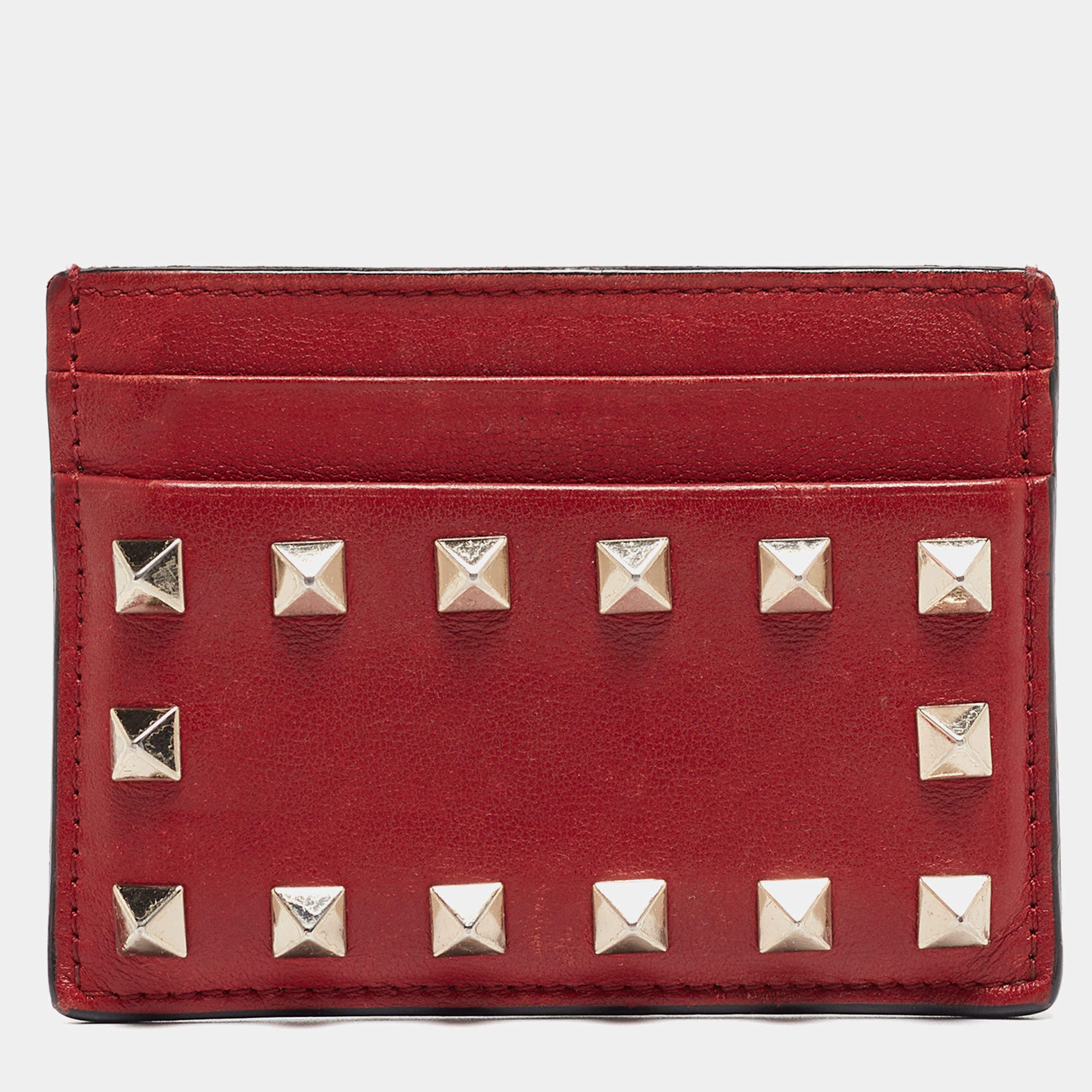 Pre Owned Valentino Red Leather Rockstud Card Holder