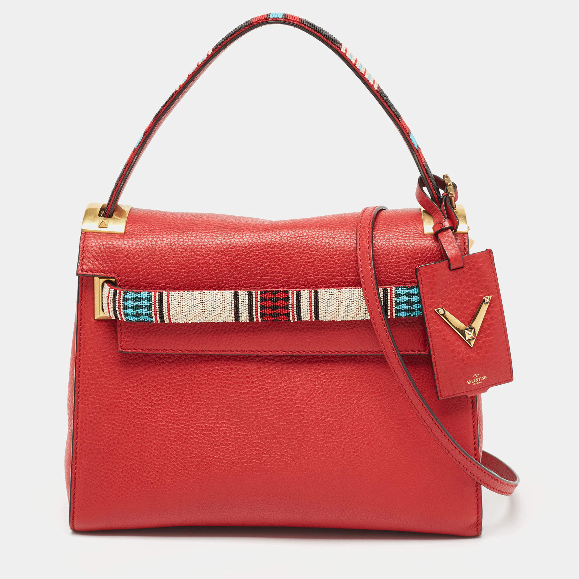 Pre Owned Valentino Red Leather My Rockstud Beaded Top Handle Bag