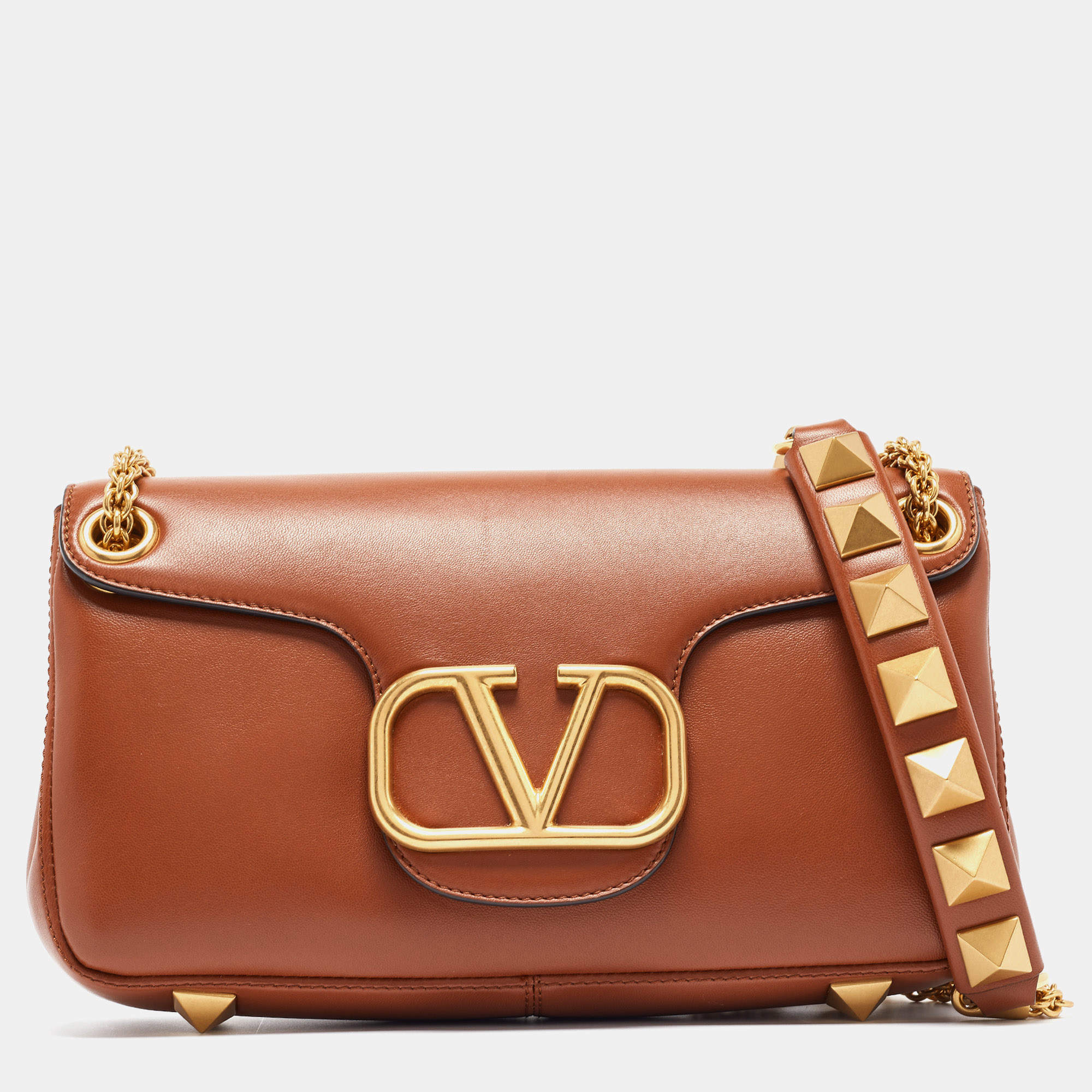 Pre Owned Valentino Brown Leather Stud Sign Shoulder Bag