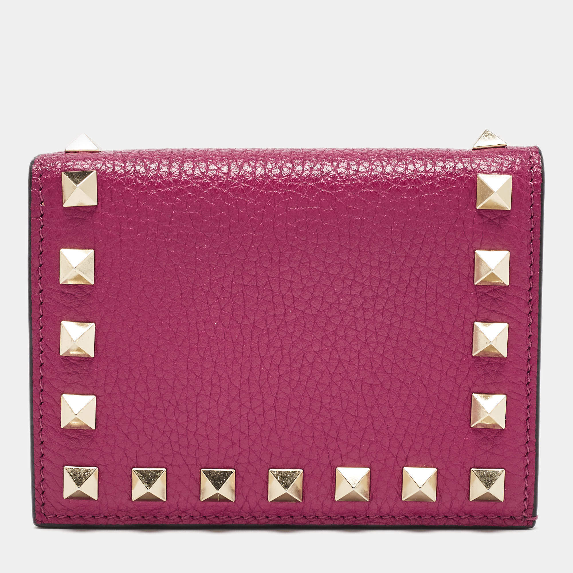 Valentino Magenta Leather Rockstud Flap Compact Wallet