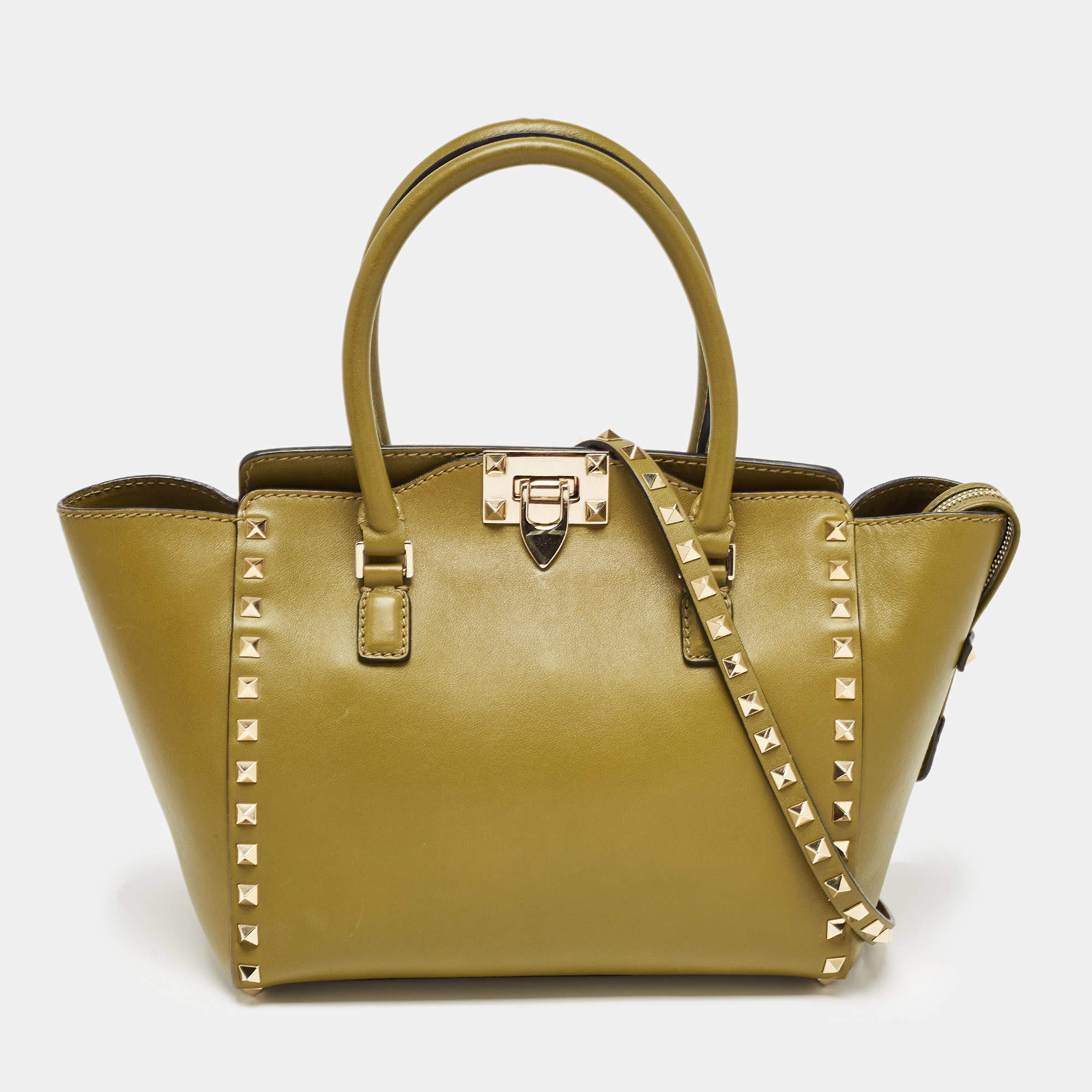 Pre Owned Valentino Olive Green Leather Small Rockstud Trapeze Tote