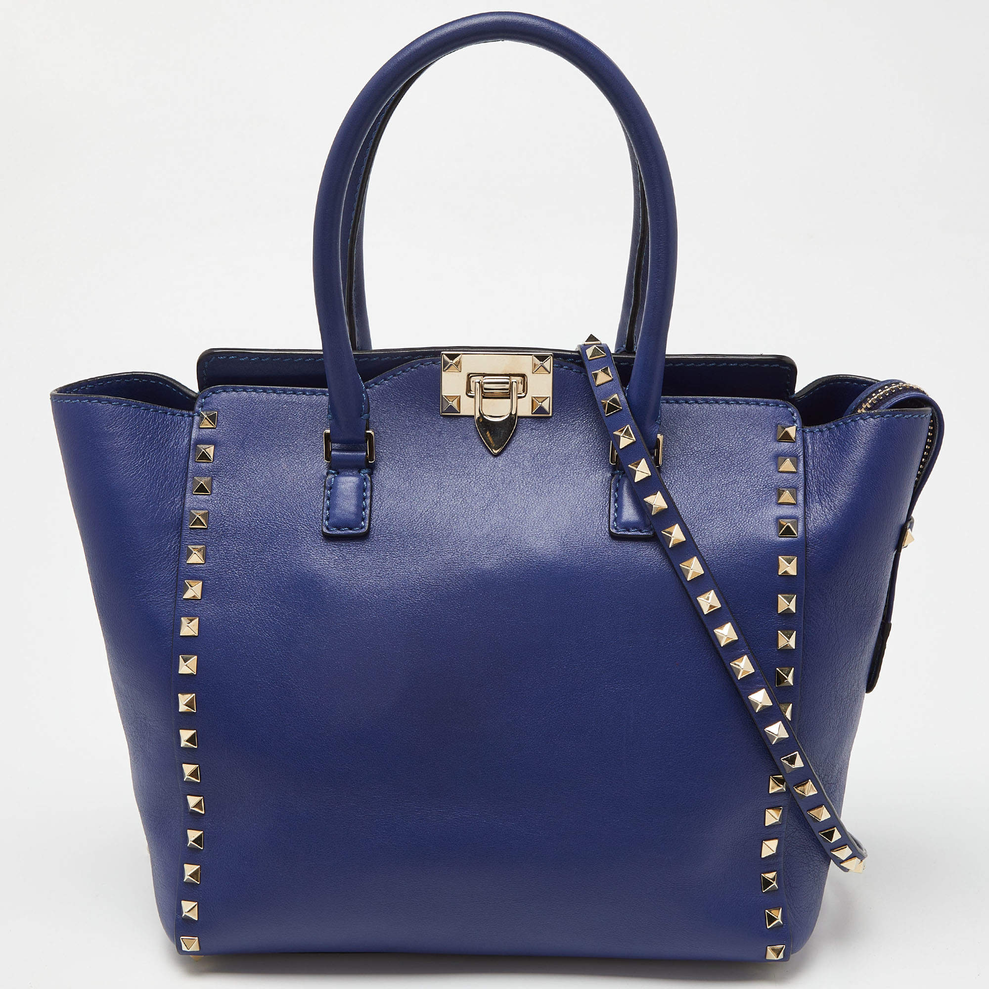 Pre Owned Valentino Blue Leather Rockstud Trapeze Tote with Wallet