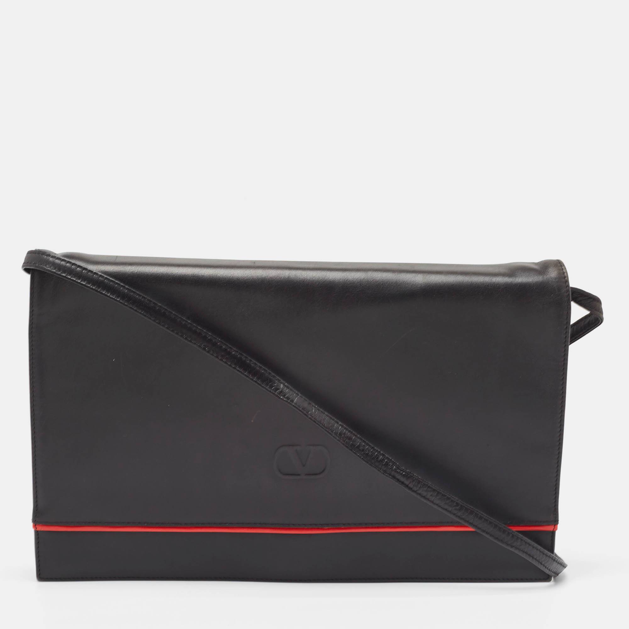 Pre Owned Valentino Black/Red Leather Logo Embossed Oversized Clutch Bag