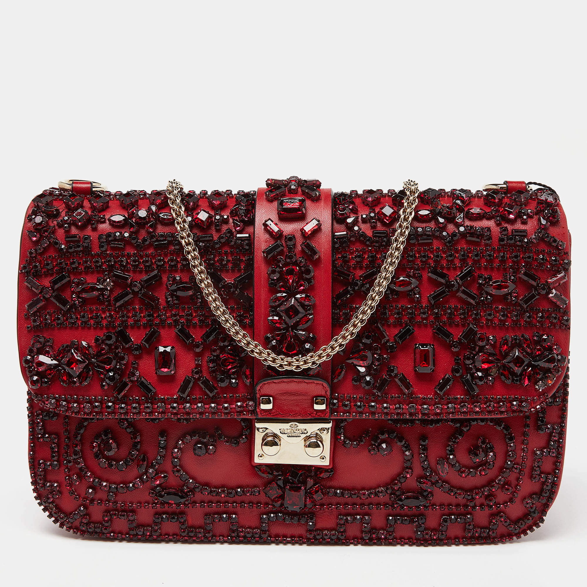 Pre Owned Valentino Red Leather Medium Rockstud Glam Lock Crystals Embellished Flap Bag