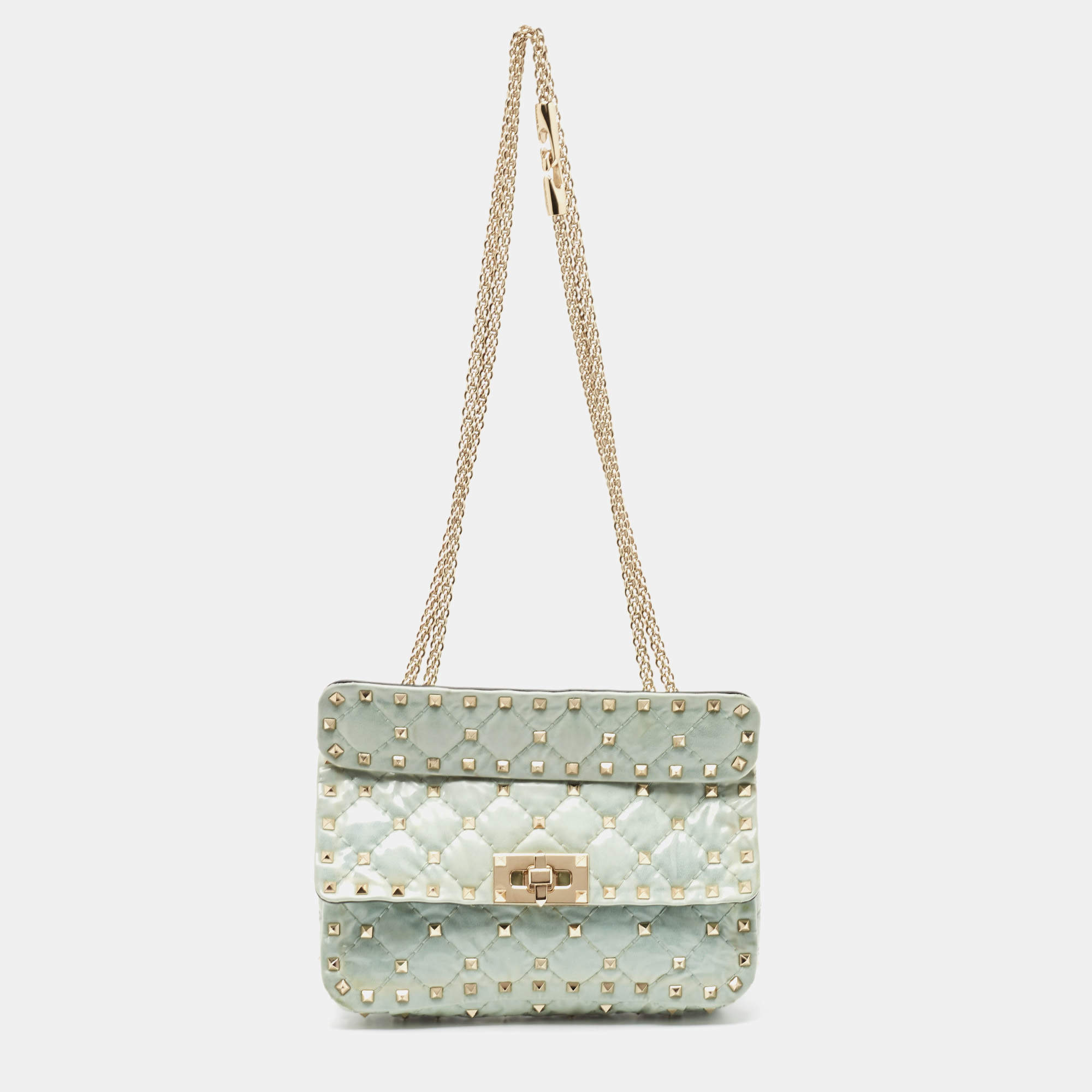 Pre Owned Valentino Light Blue Quilted Coated Fabric Small Rockstud Spike Top Handle Bag