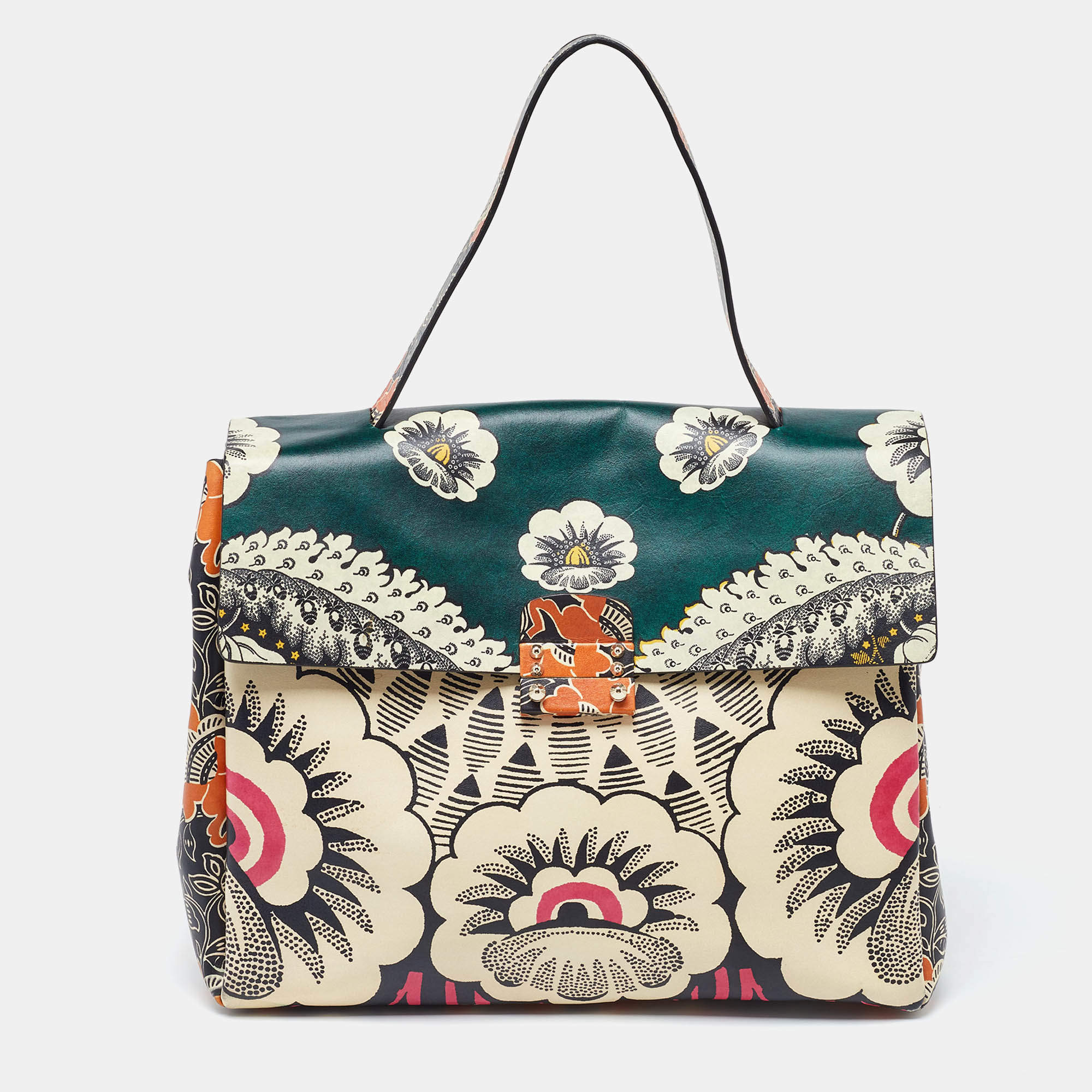 Pre Owned Valenitino Multicolor Floral Print Leather Mime Top Handle Bag