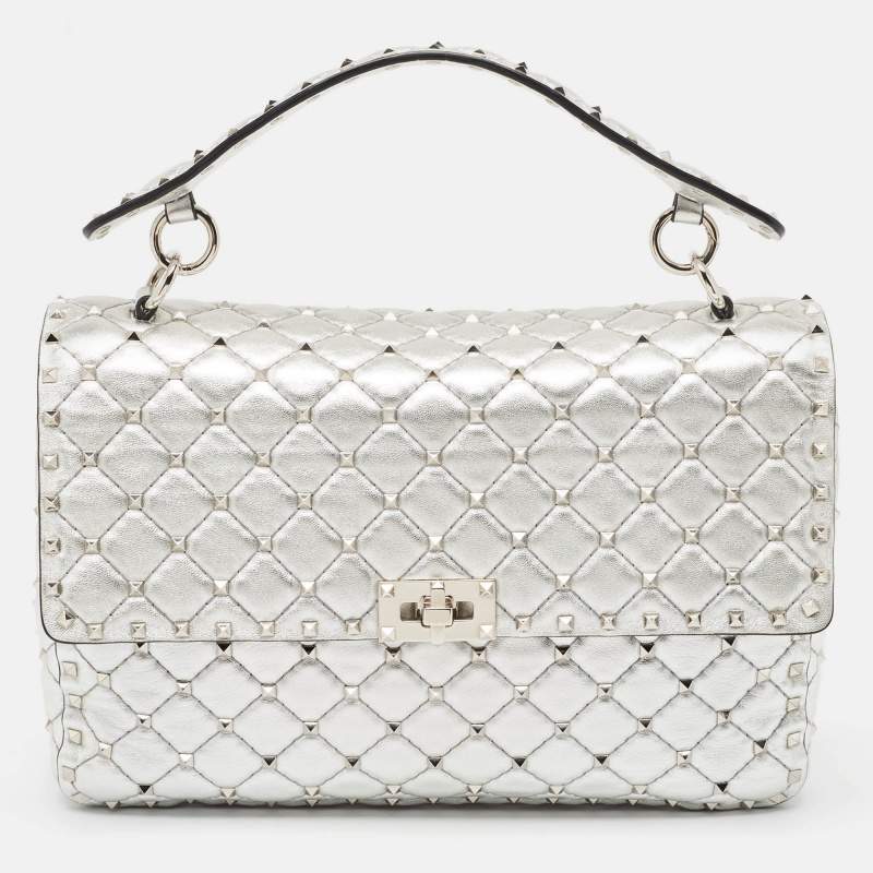 Valentino Silver Quilted Leather Large Rockstud Spike Top Handle Bag