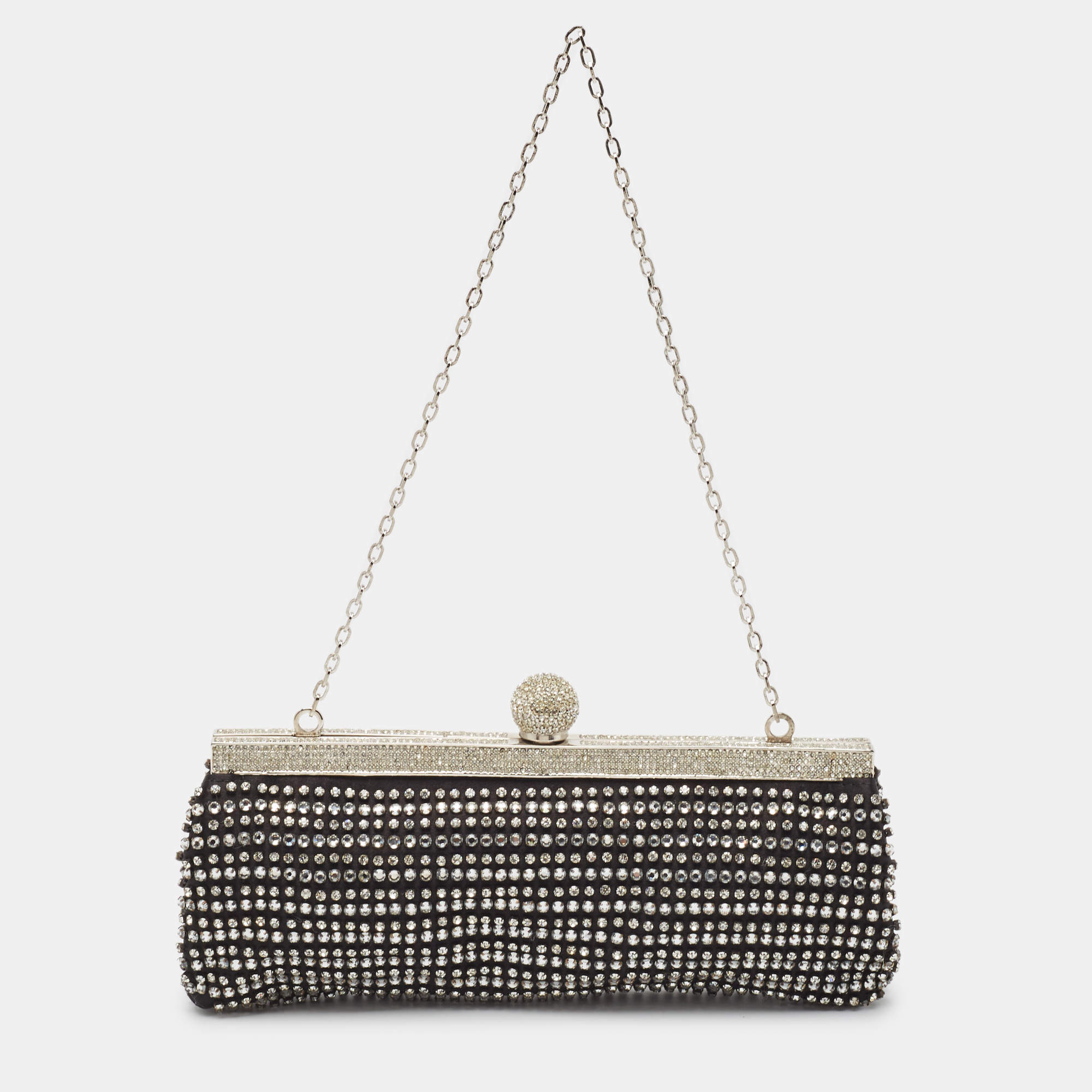 Pre Owned Valentino Black Satin Crystal Studded Frame Chain Clutch