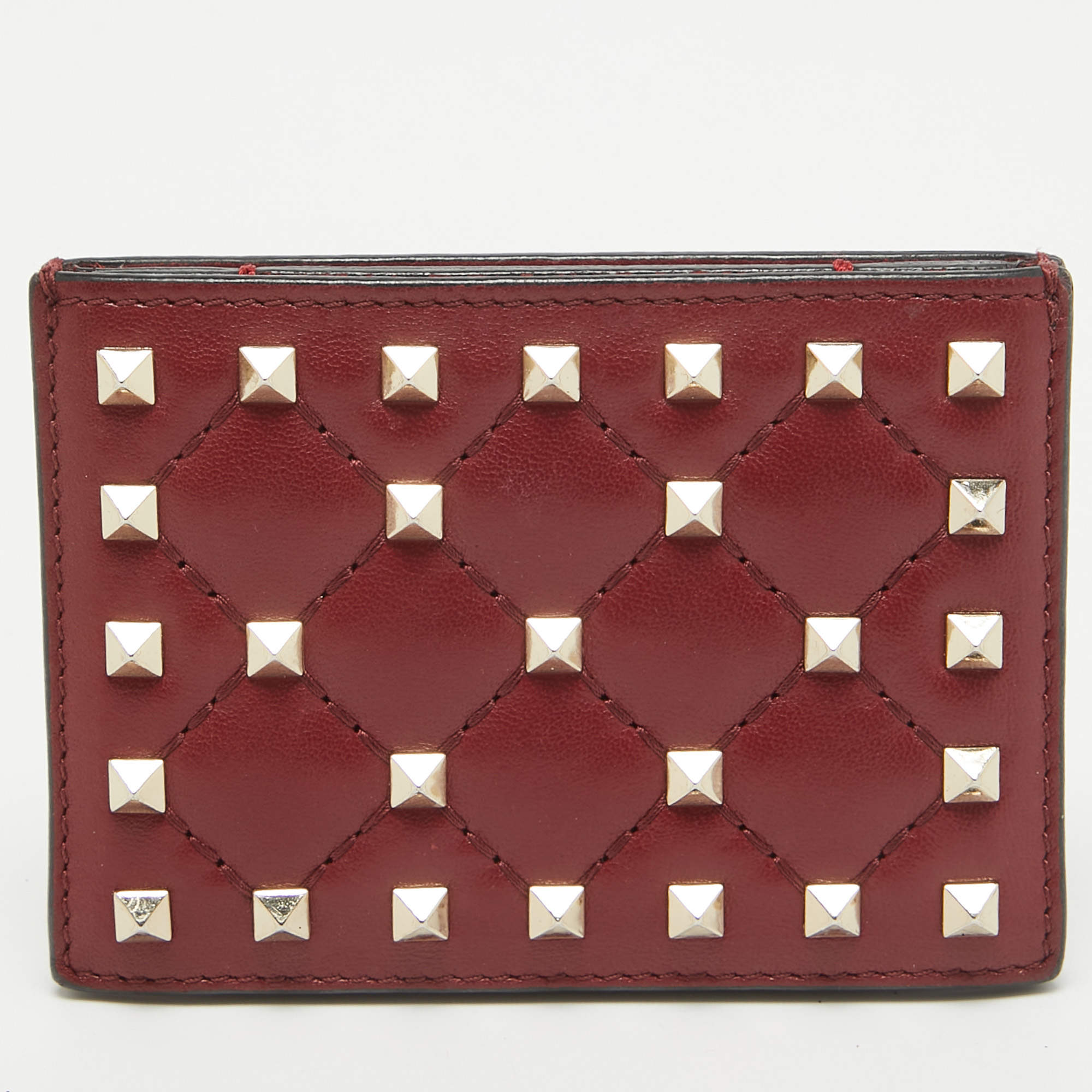Pre Owned Valentino Burgundy Quilted Leather Rockstud Spike Card Case