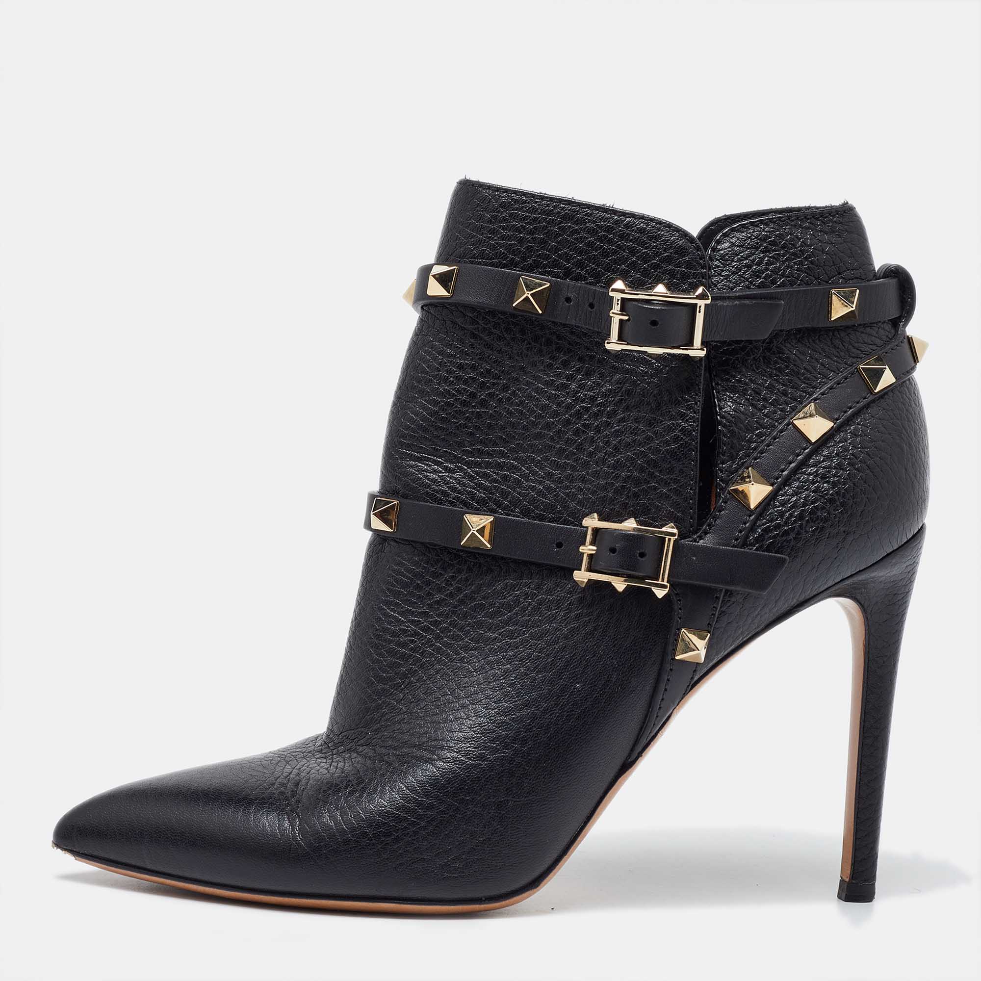 Pre Owned Valentino Black Leather Rockstud Pointed Toe Ankle Boots Size 37