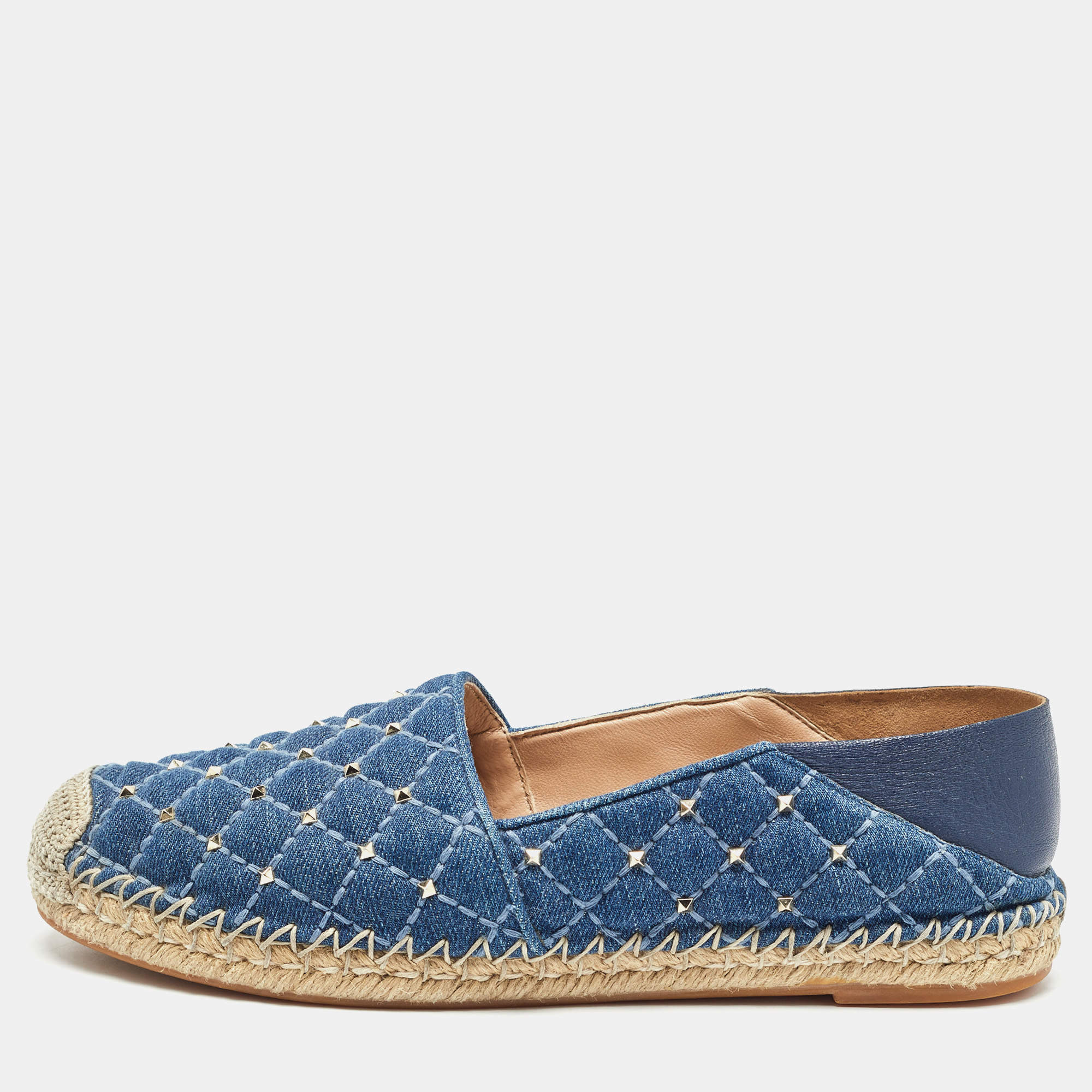 Pre Owned Valentino Blue Denim Rockstud Foldable Espadrille Flats Size 39