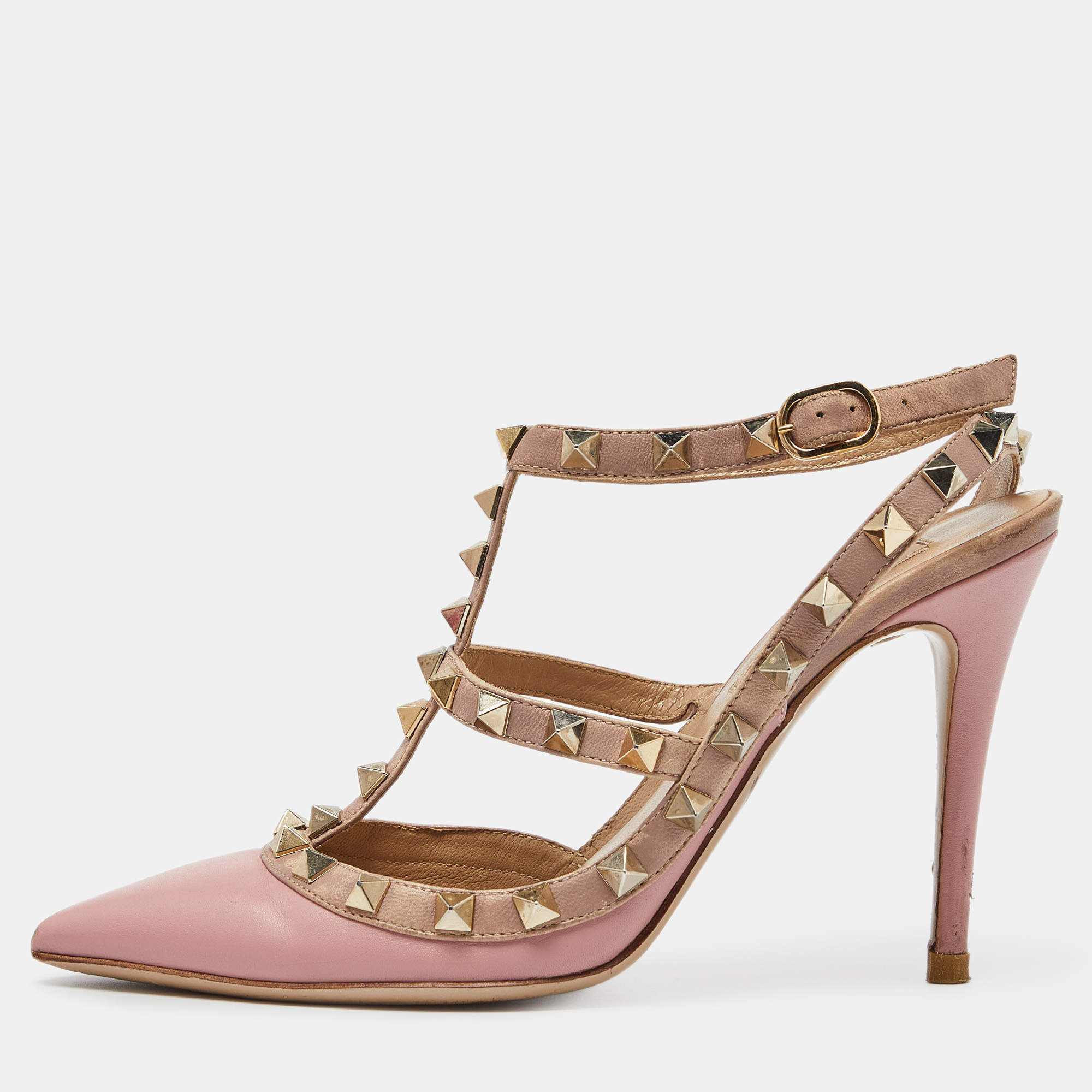 Pre Owned Valentino Pink/Beige Leather Rockstud Cage Pumps Size 36