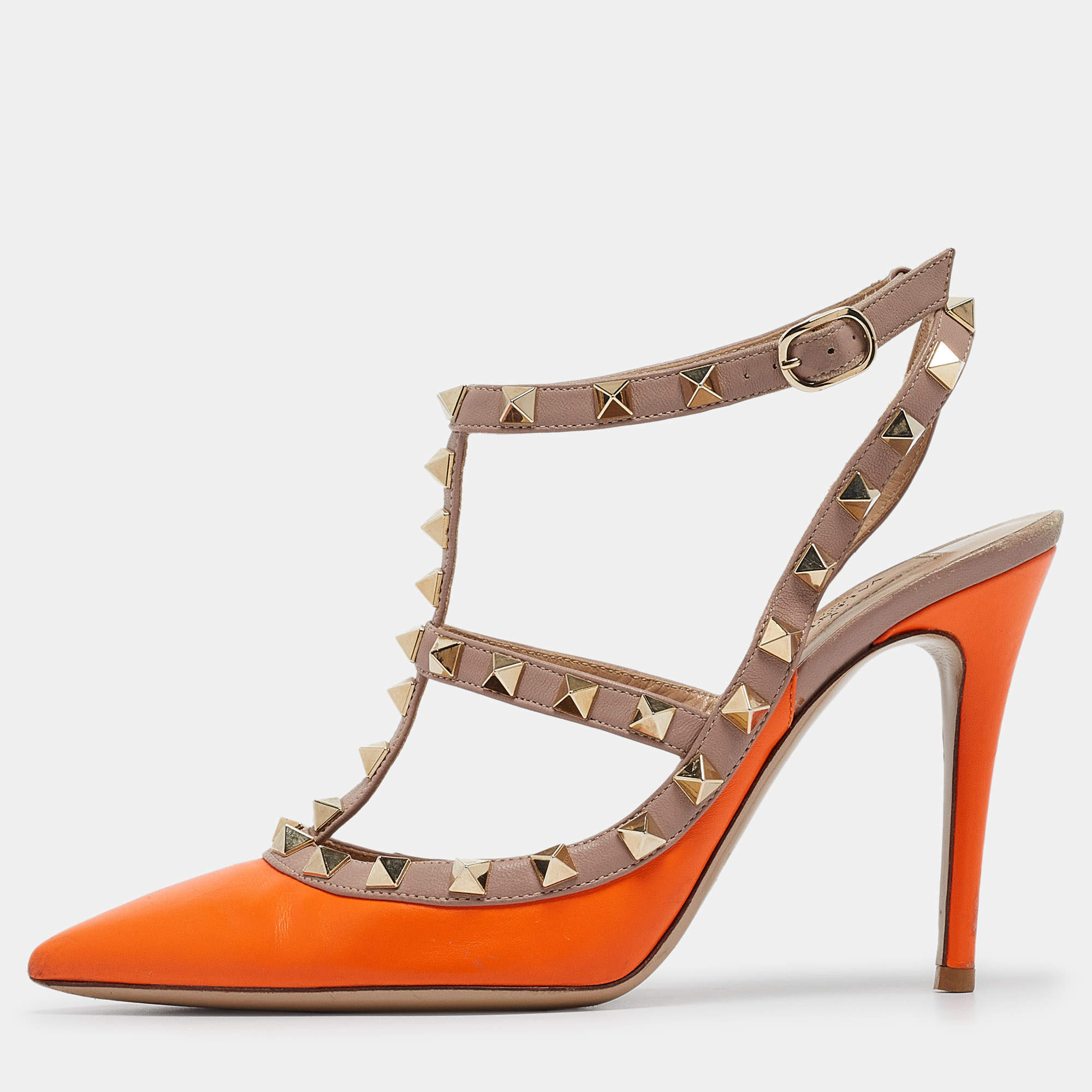 Valentino Neon Orange/Dusty Pink Leather Rockstud Ankle Strap Pumps Size 36.5