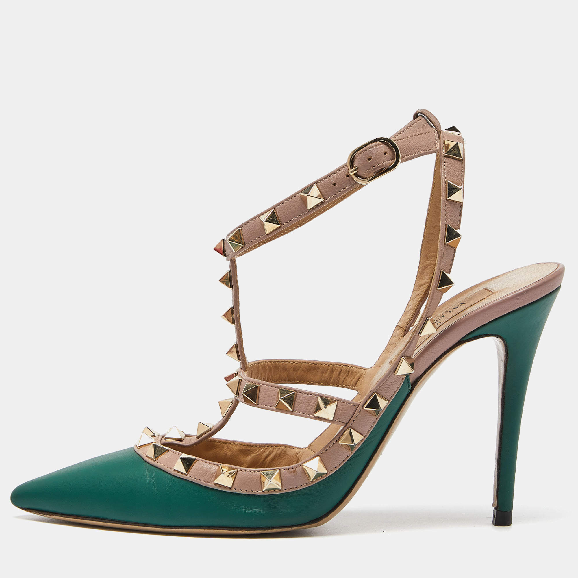 Pre Owned Valentino Green/Beige Leather Rockstud Strappy Pointed Toe Pumps Size 37.5
