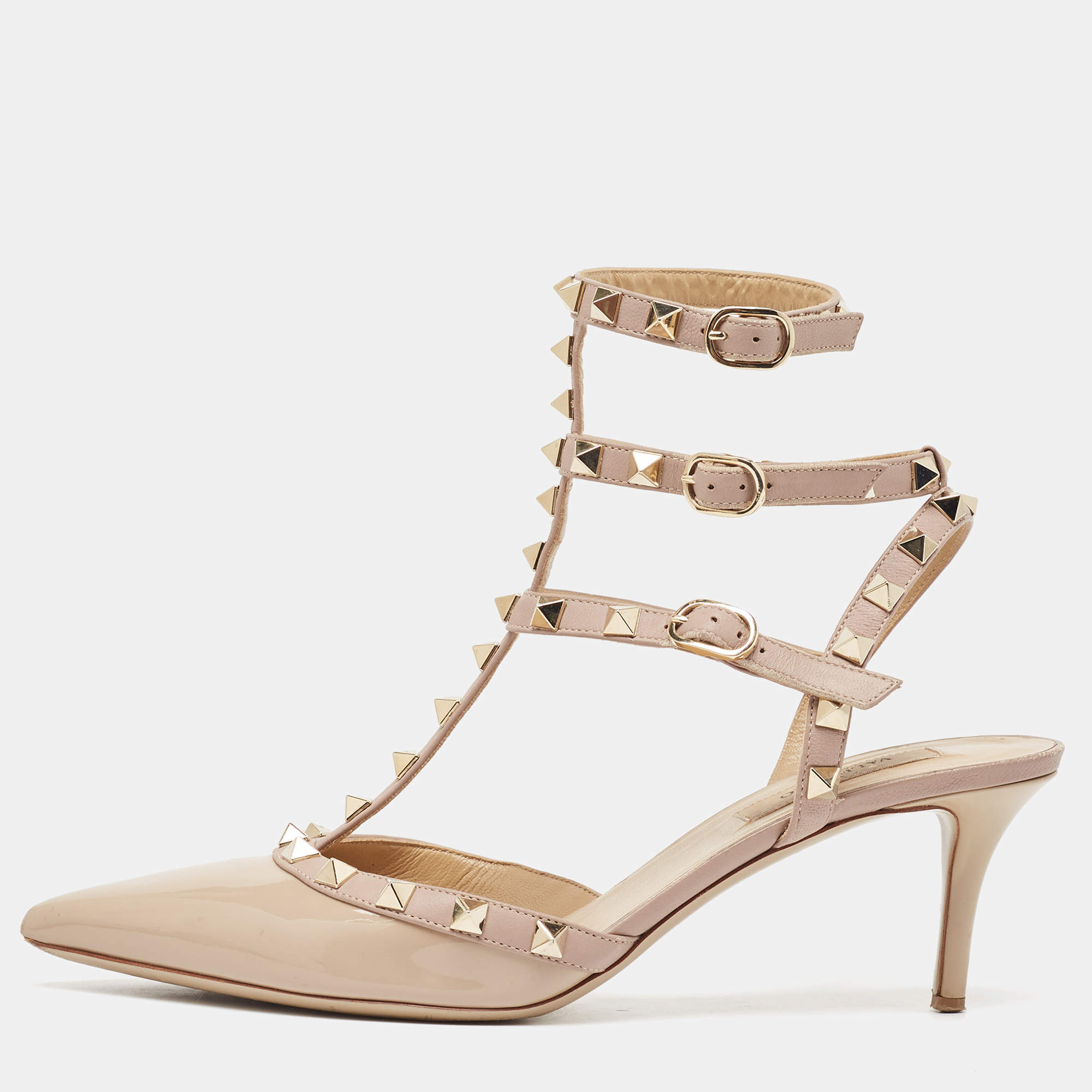 Pre Owned Valentino Beige Patent And Leather Rockstud Ankle Strap Pumps Size 38.5  