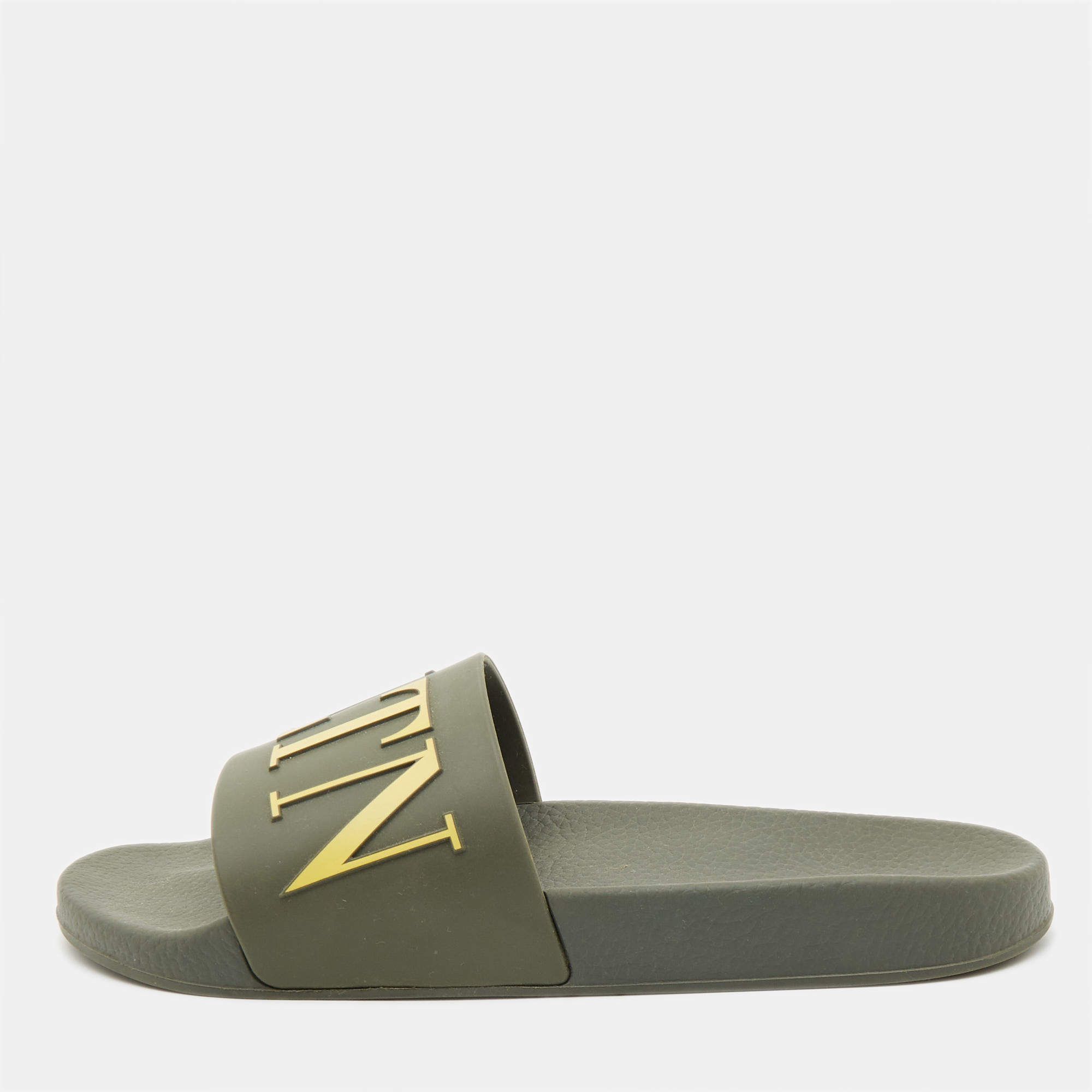 Pre Owned Valentino Green Rubber VLTN Flat Slides Size 42