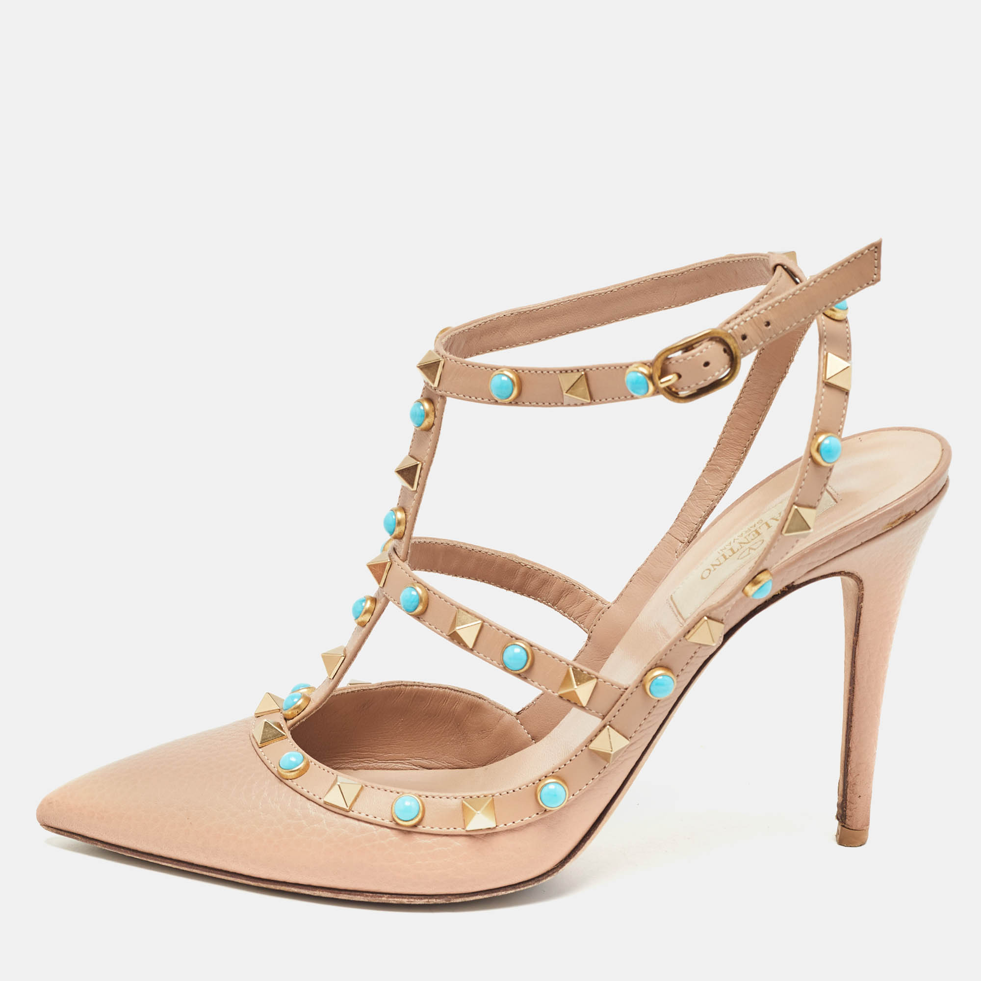 Pre Owned Valentino Beige Leather Rolling Rockstud Ankle Strap Pumps Size 39