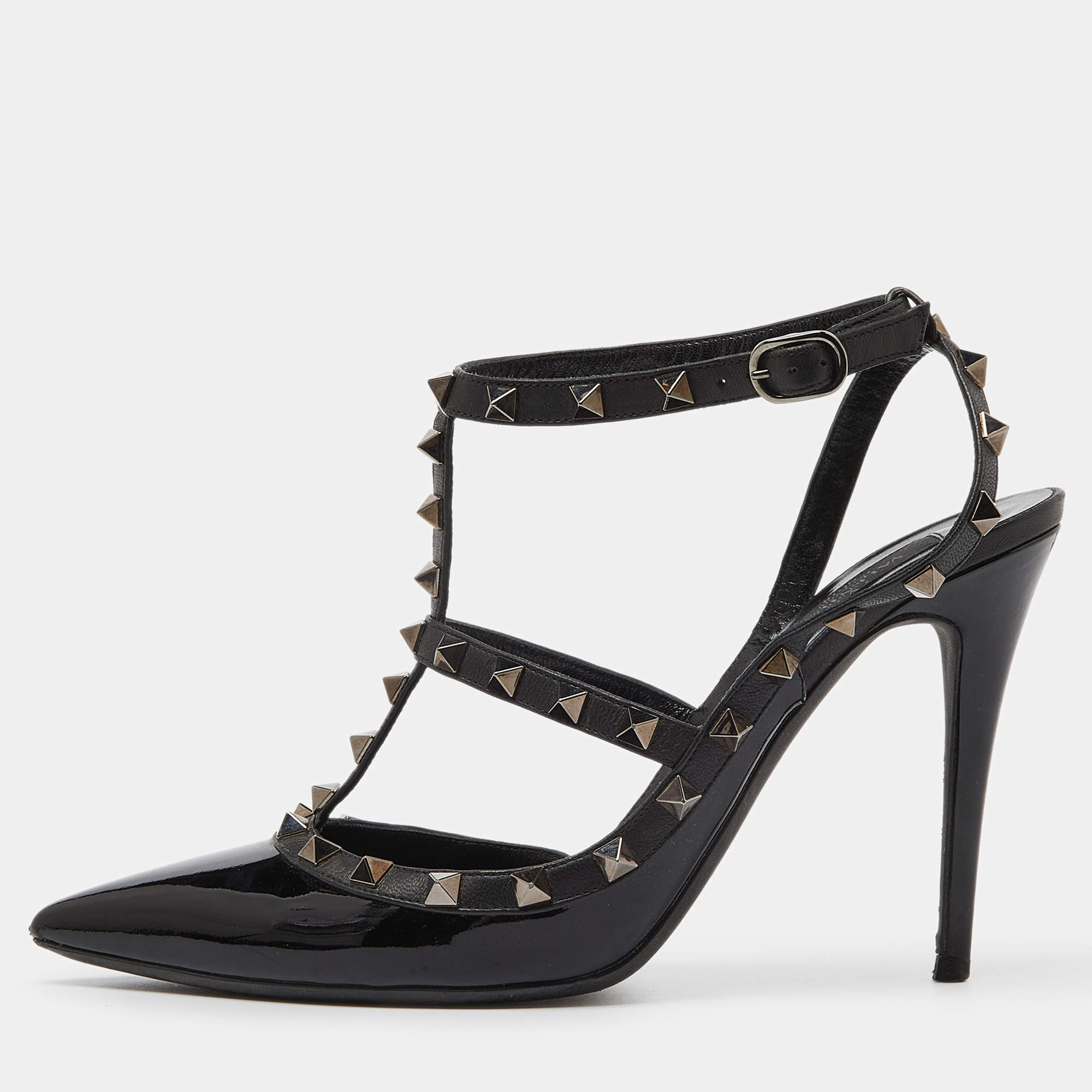 Valentino Black Patent Leather Rockstud Ankle Strap Cage Sandals Size 41