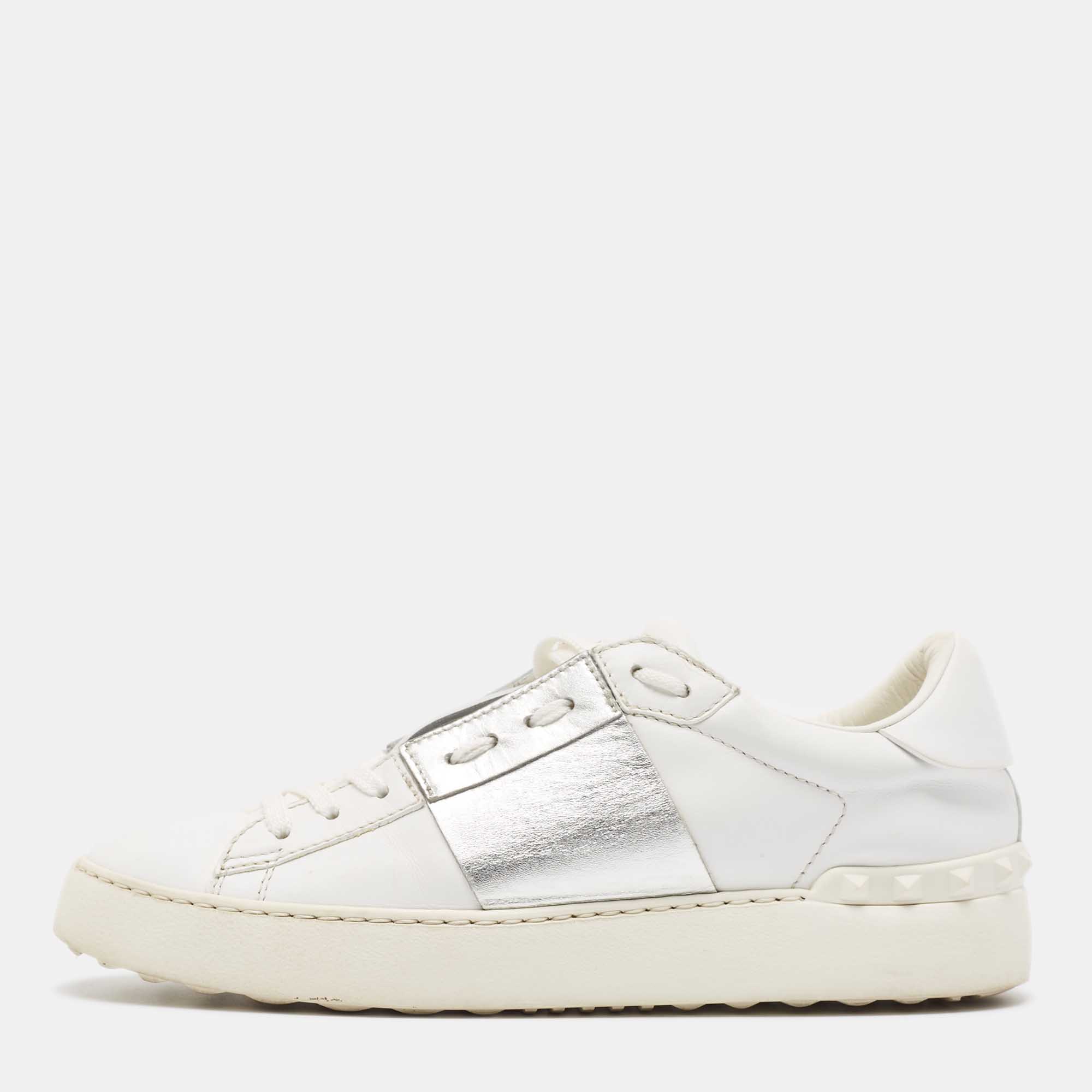 Pre Owned Valentino White Leather Rockstud Lace Up Sneakers Size 38