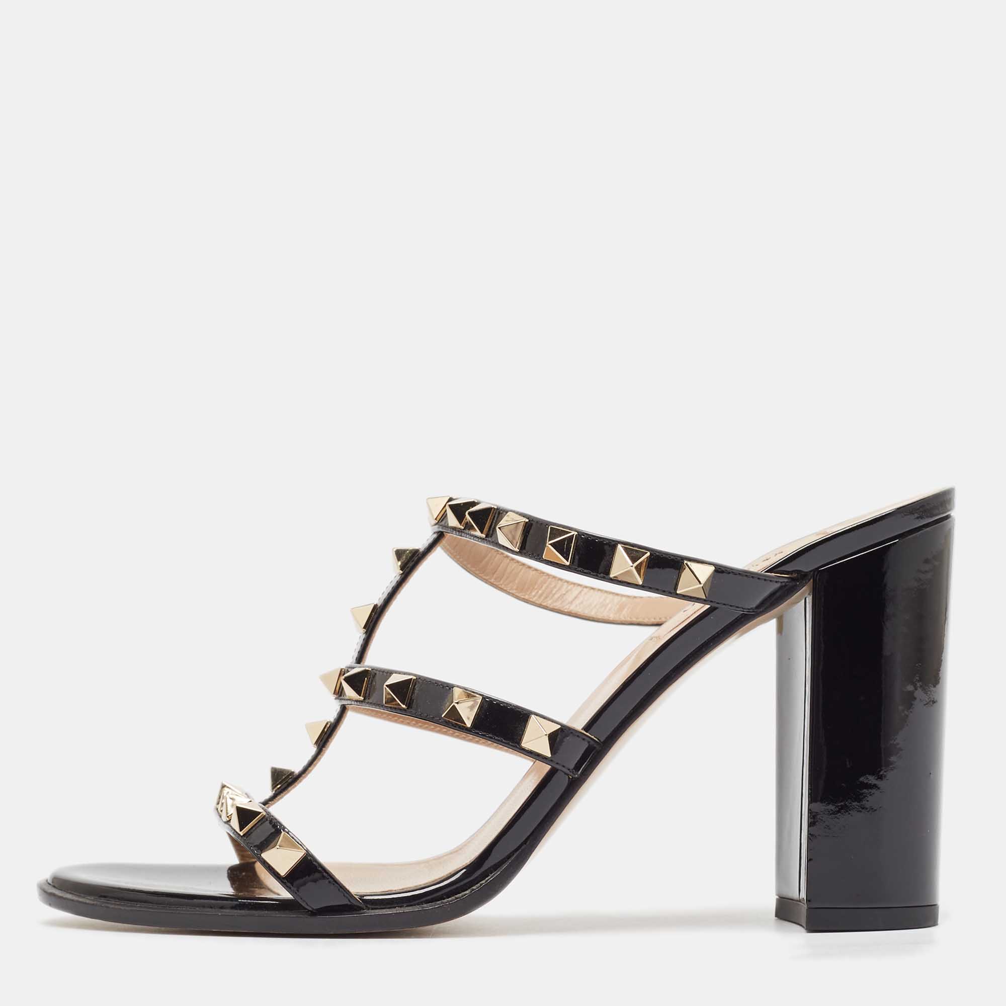 Pre Owned Valentino Black Patent Leather Rockstud Slide Sandals Size 39.5