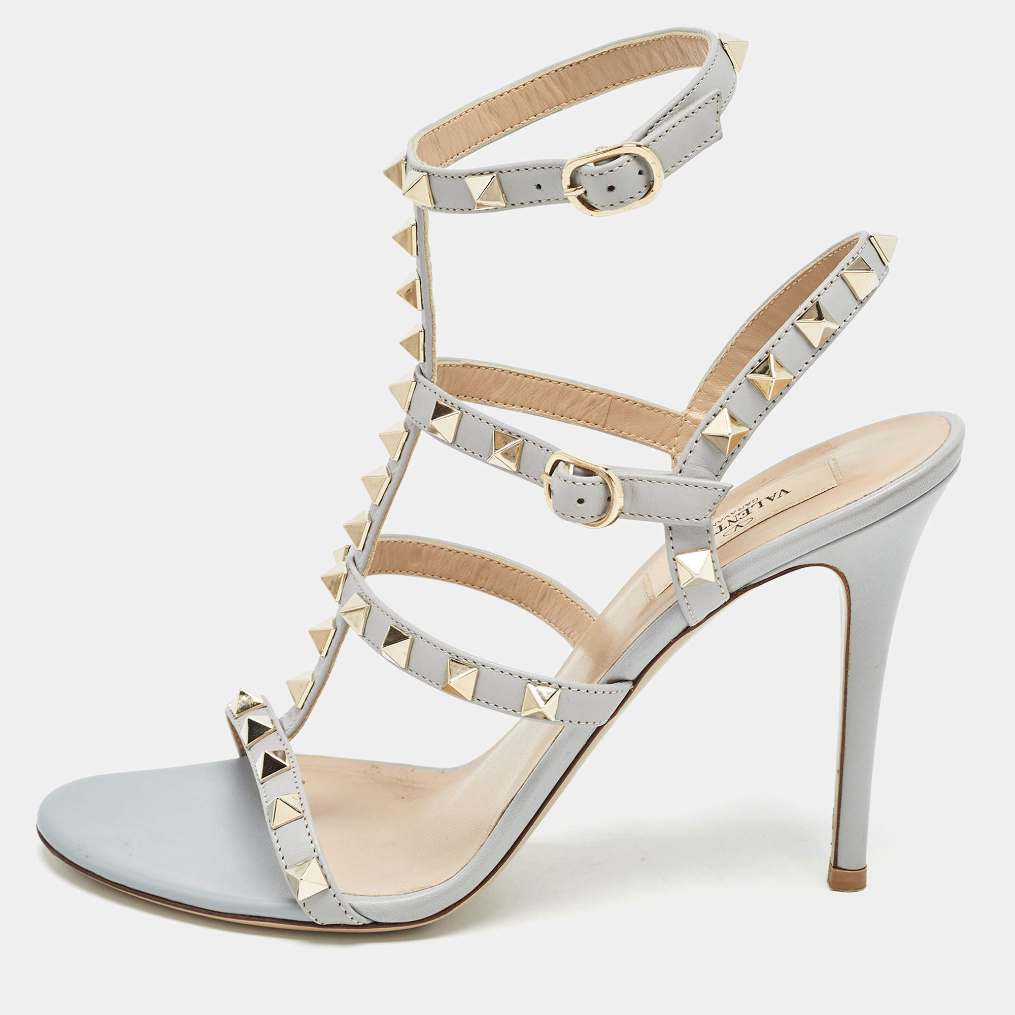 Pre Owned Valentino Grey Leather Rockstud Ankle Strap Sandals Size 38