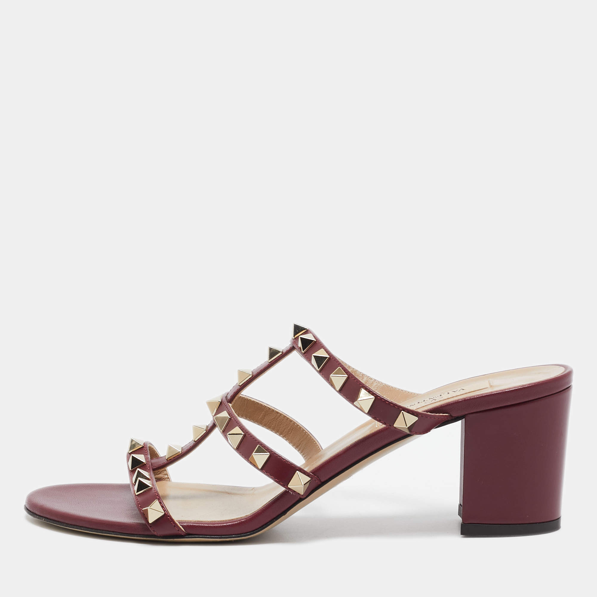 Pre Owned Valentino Burgundy Leather Rockstud Slide Sandals Size 39