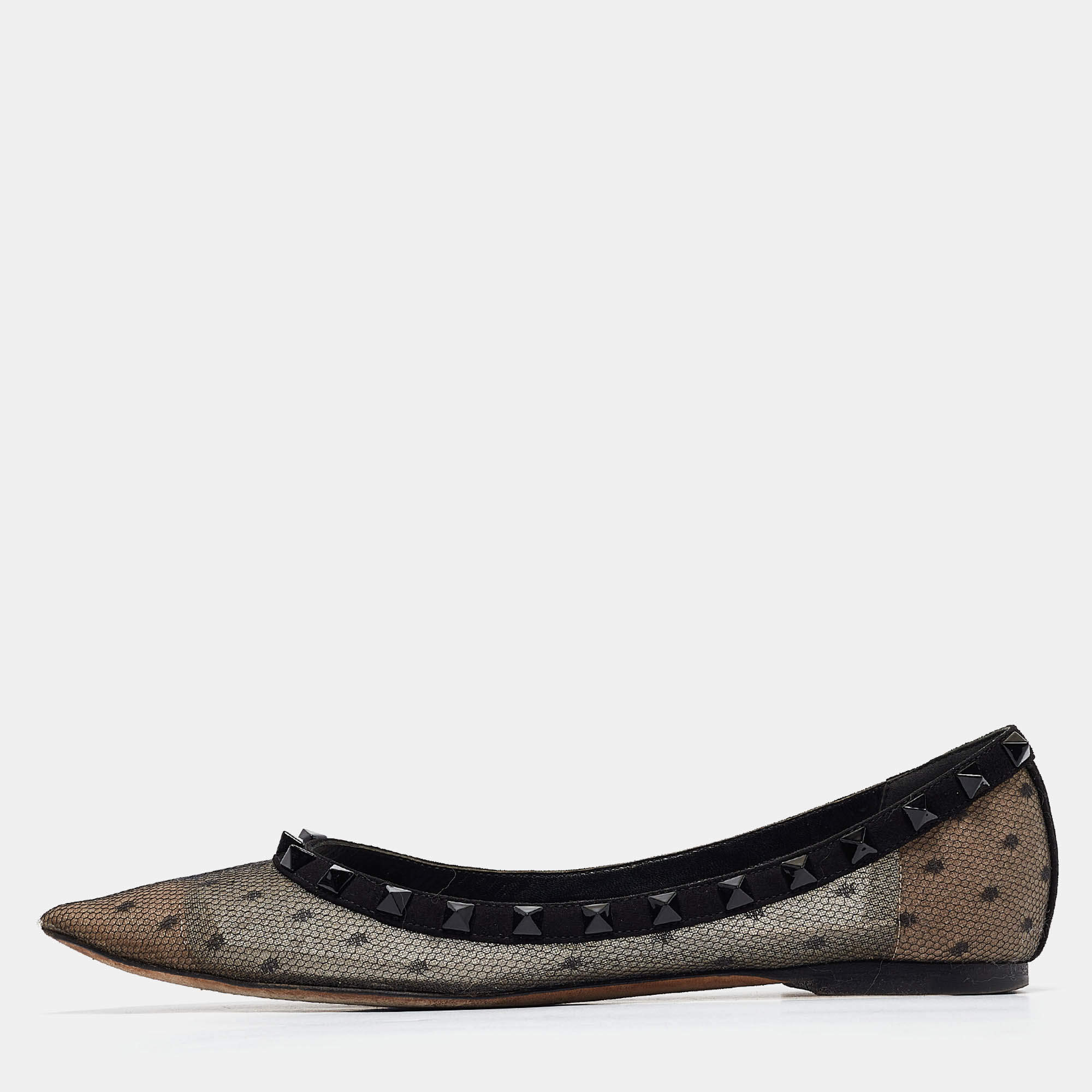 Pre Owned Valentino Black Polka Dot Mesh Rockstud Ballet Flats Size 38