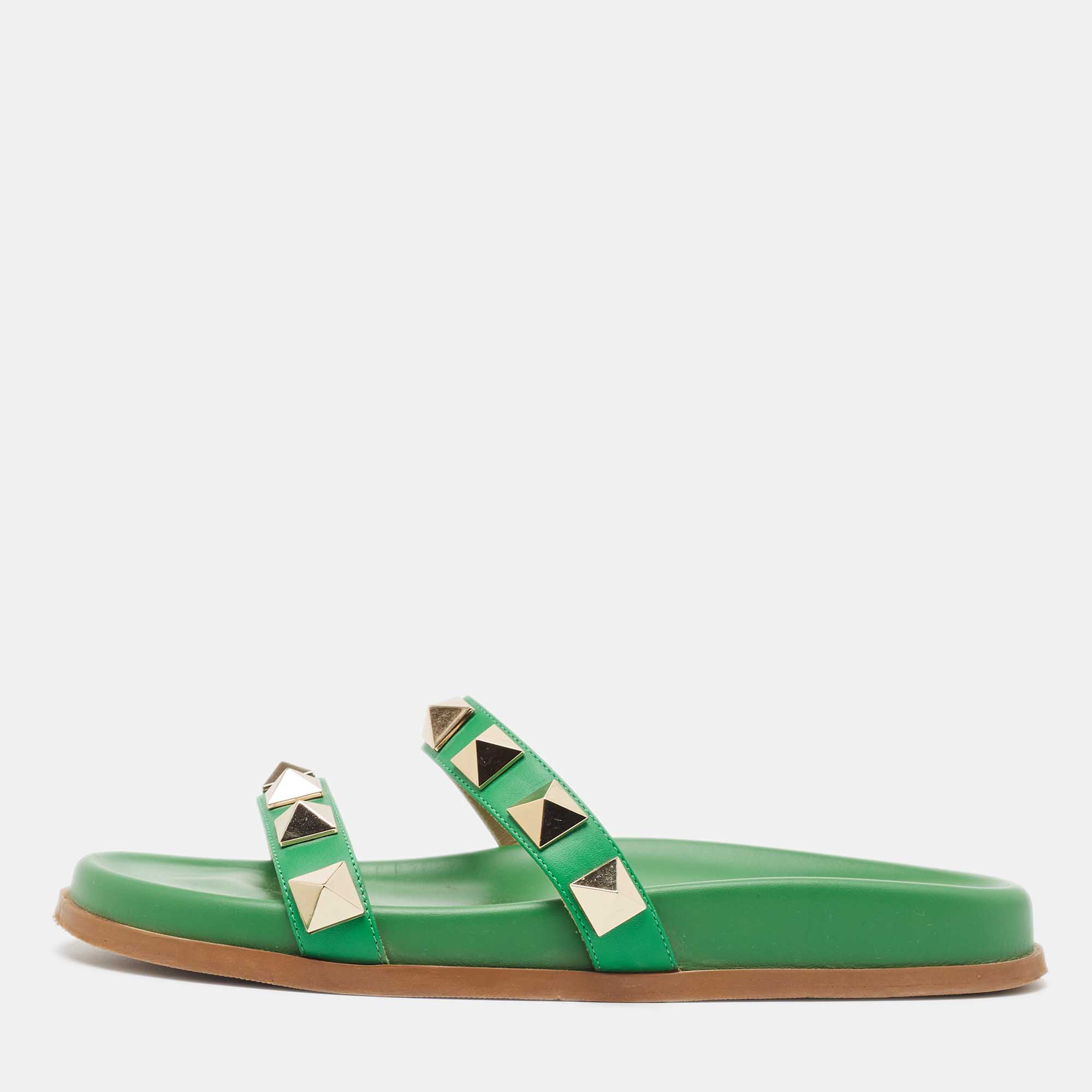 Pre Owned Valentino Green Leather Rockstud Flat Slides Size 38