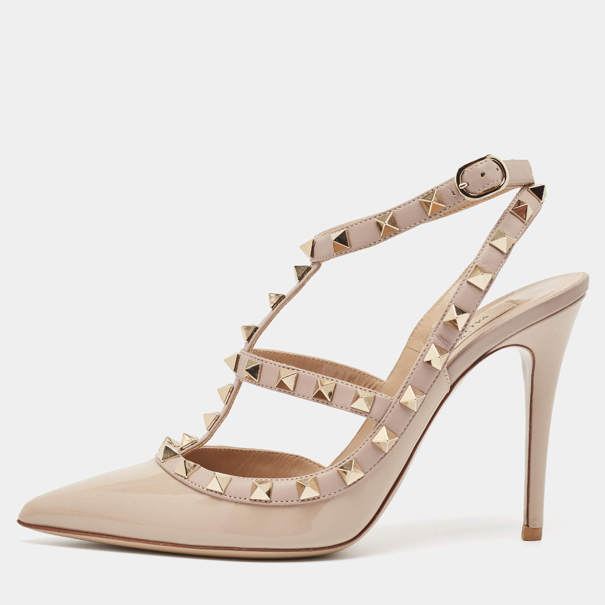 Pre Owned Valentino Beige Patent and Leather Rockstud Pumps Size 37.5 