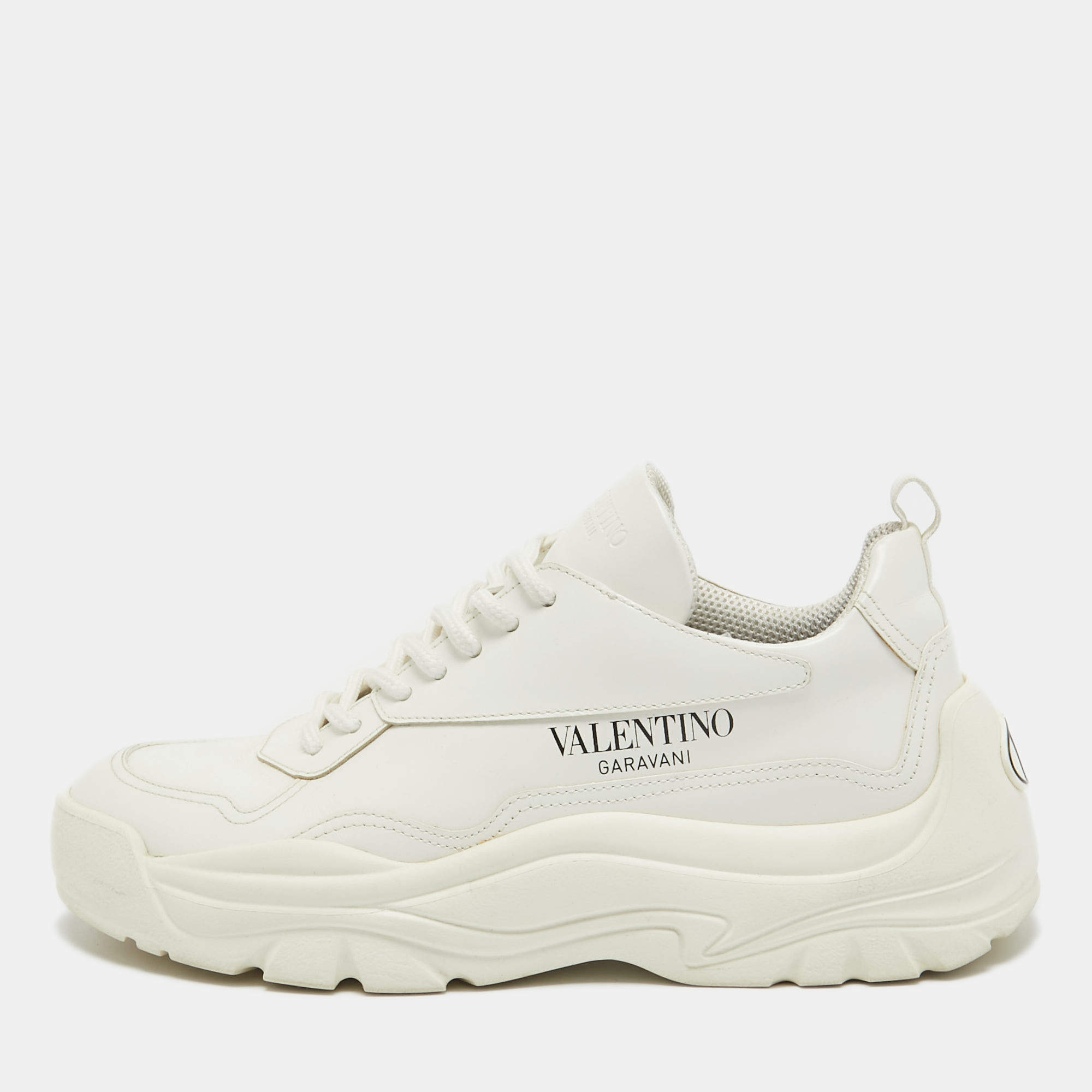 Pre Owned Valentino White Leather Bounce Lace Up Sneakers Size 38