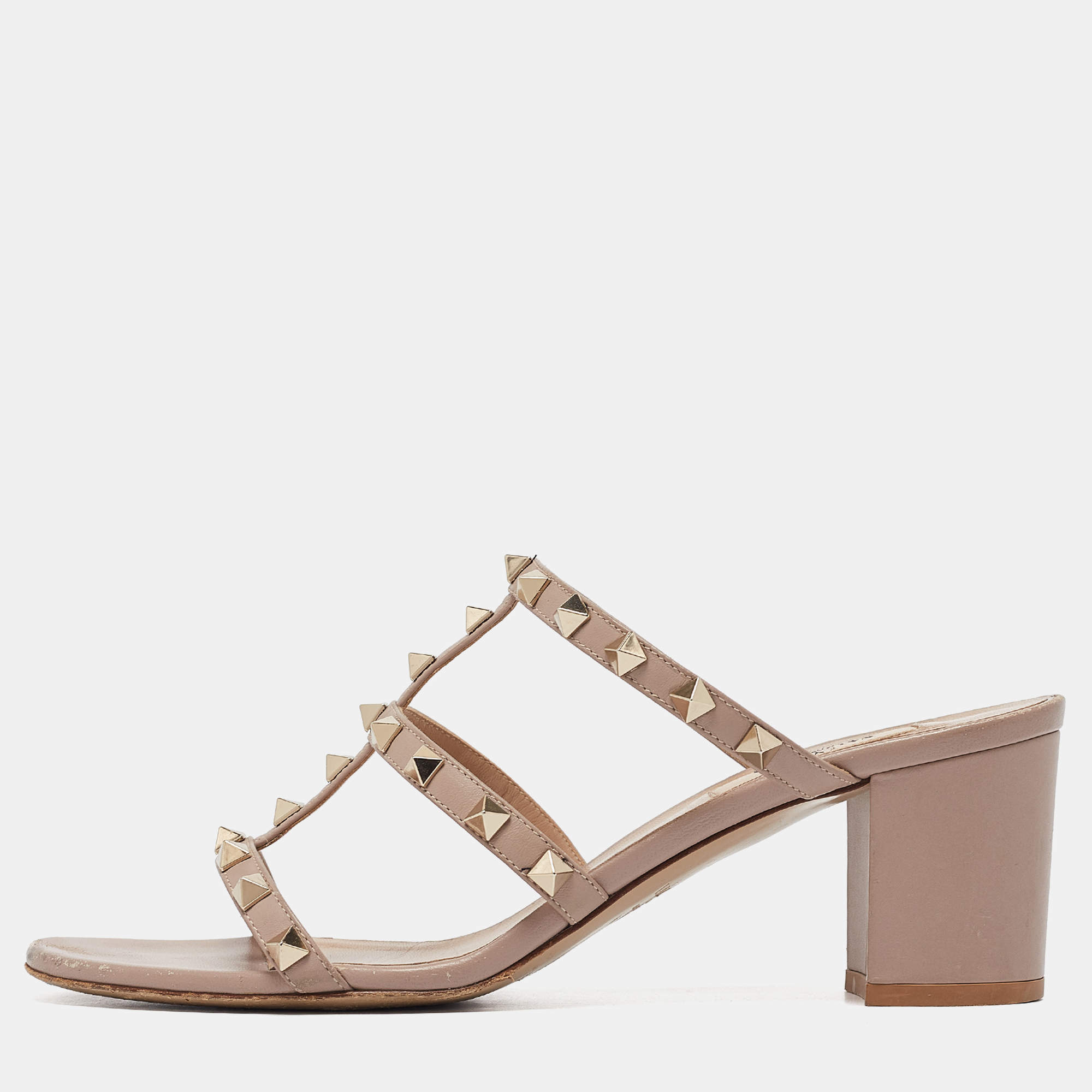 Pre Owned Valentino Dusty Pink Leather Rockstud Slide Sandals Size 39