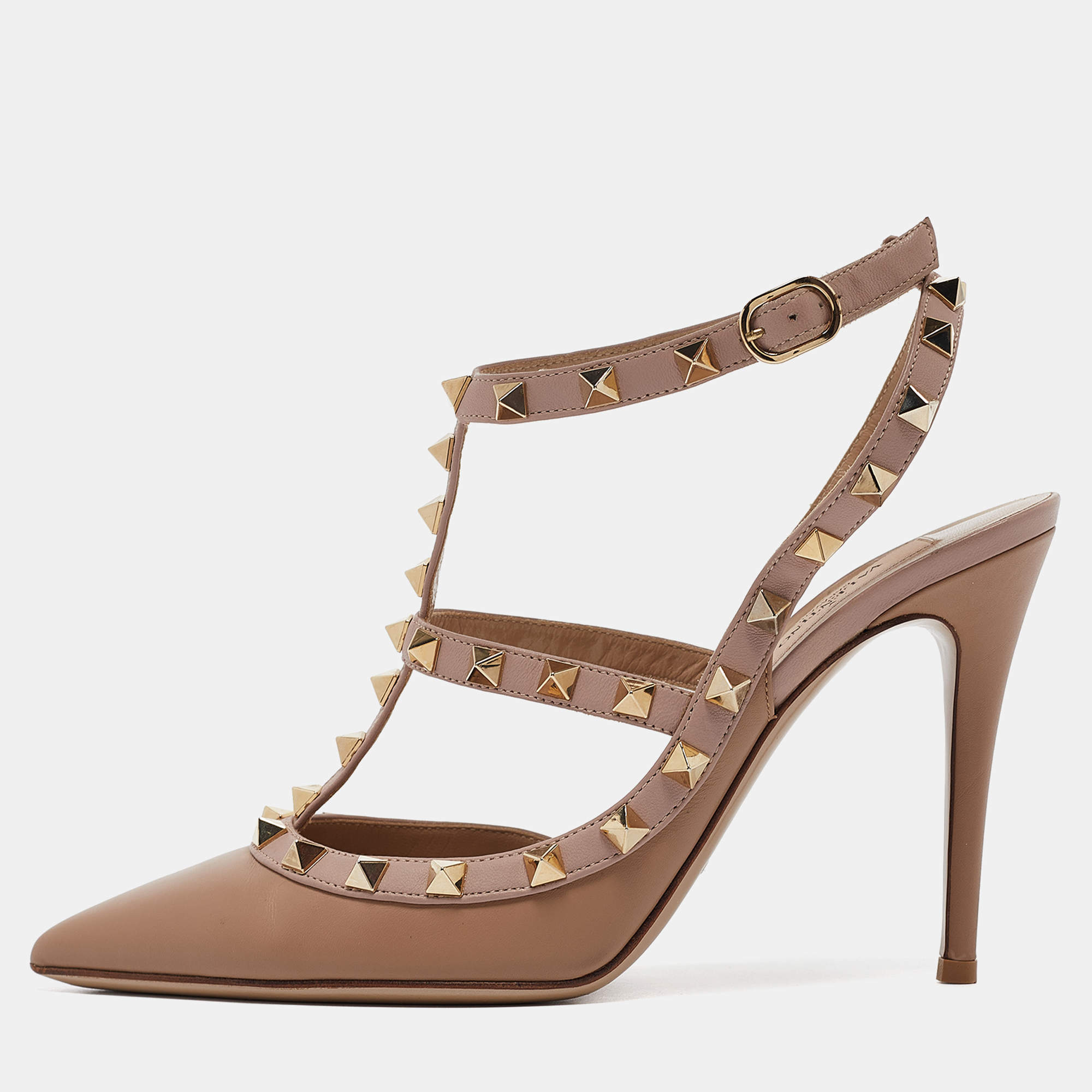 Pre Owned Valentino Beige Leather Rockstud Ankle Strap Pumps Size 38  
