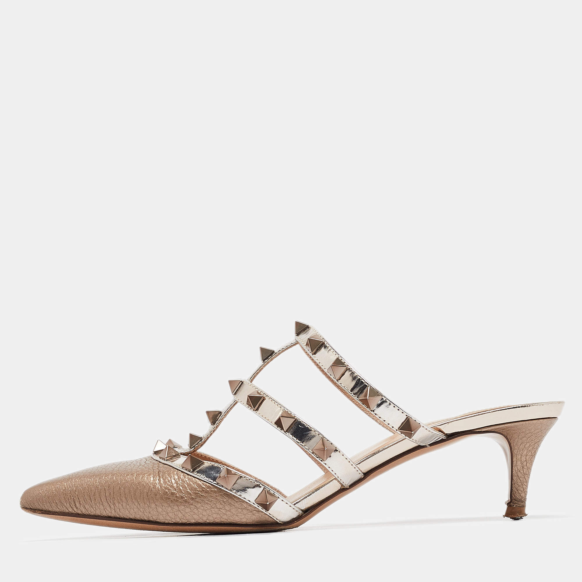 Pre Owned Valentino Metallic Bronze Leather Rockstud Mules Size 37