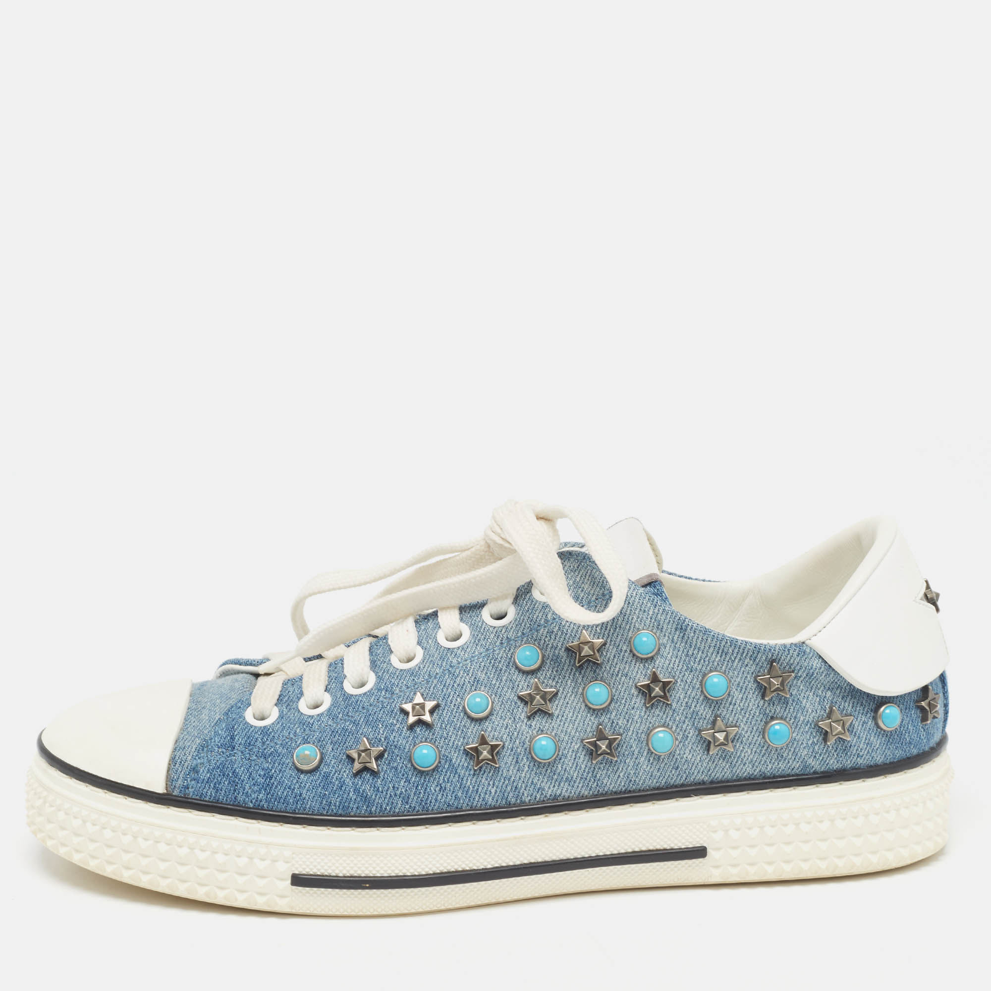 Valentino Blue/White Denim and Leather Star Studded Sneakers Size 39