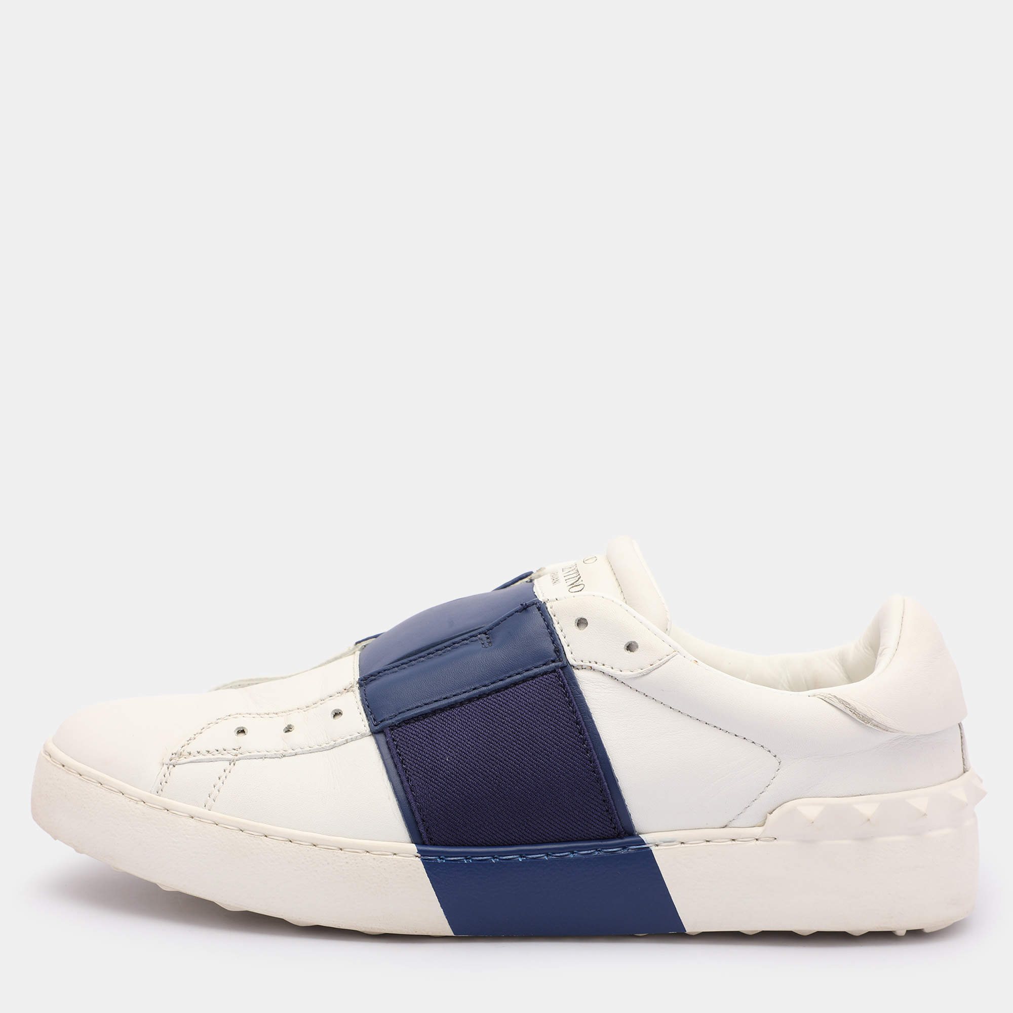 Valentino White/Blue Leather Rockstud Slip On Sneakers Size 38.5