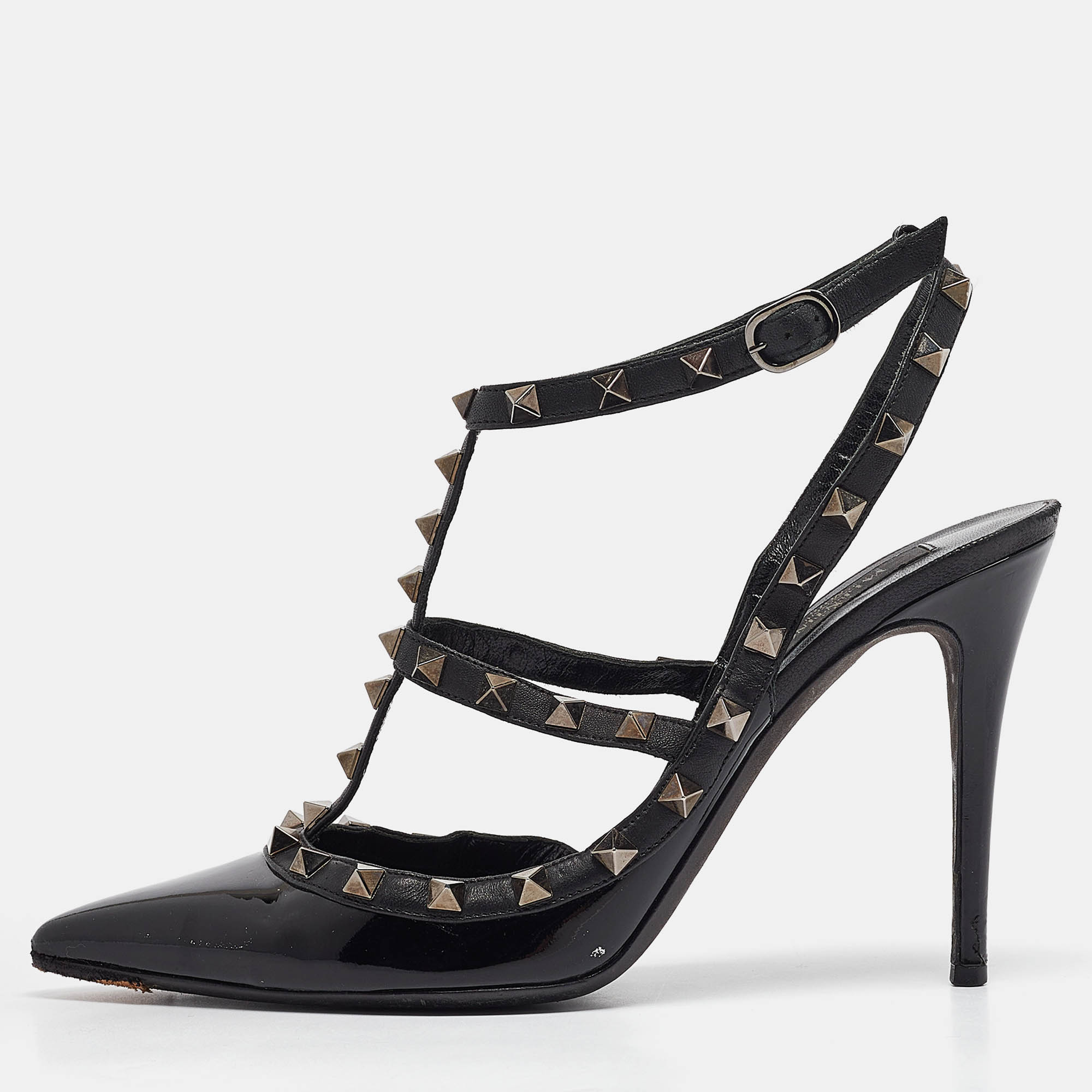 Valentino Black Patent Leather Rockstud Ankle Strap Pumps Size 40