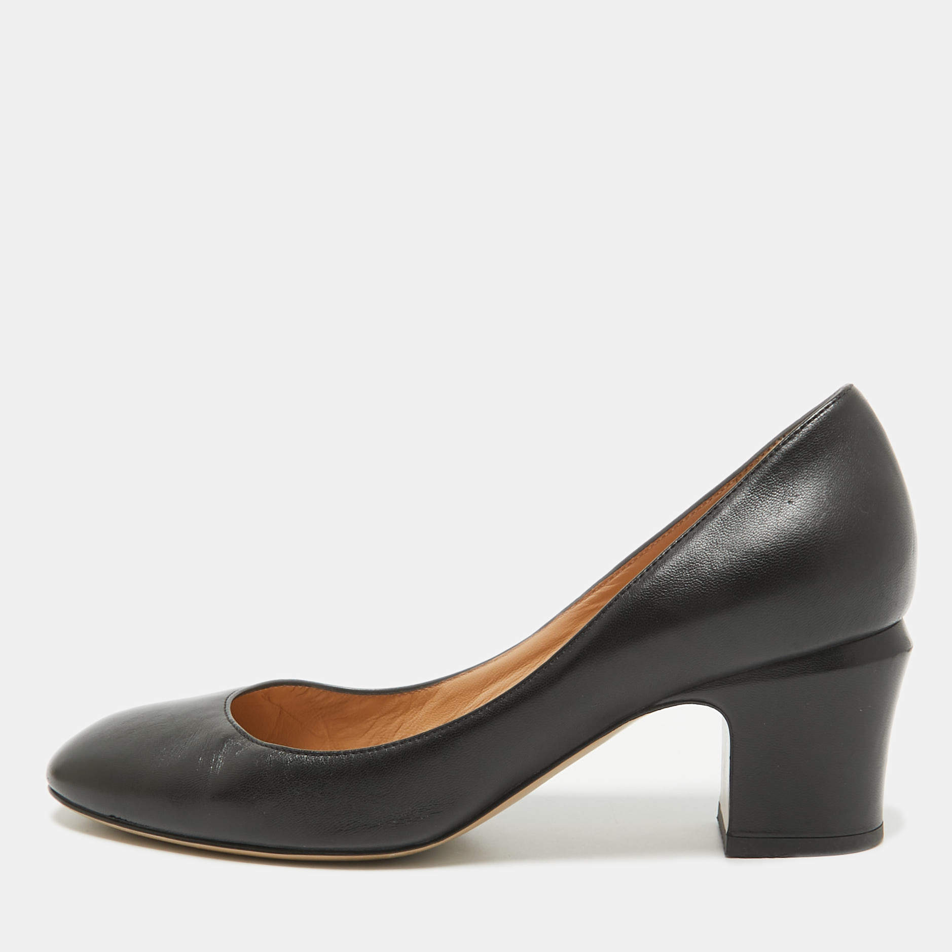 Pre Owned Valentino Black Leather Block Heel Pumps Size 37.5
