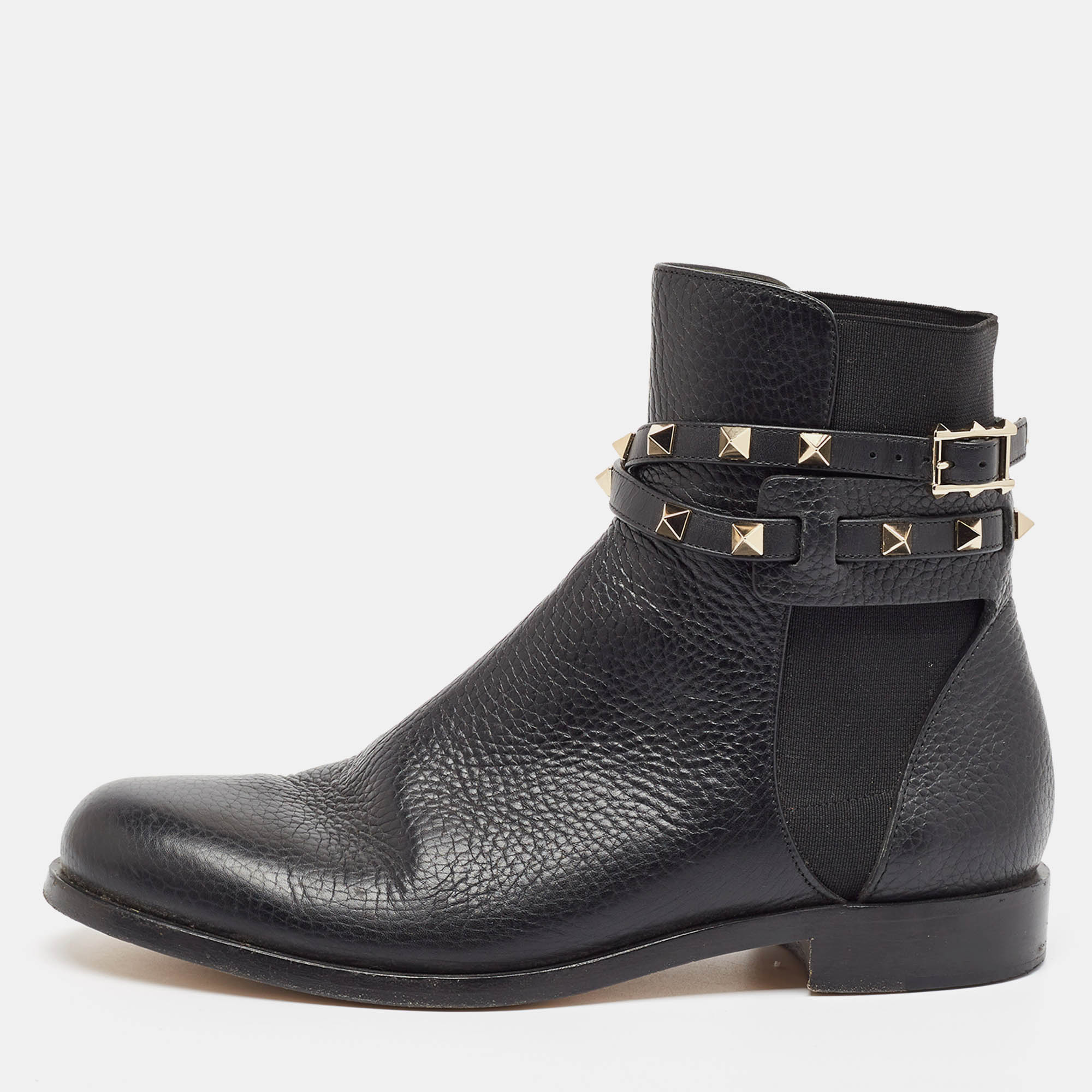 مملوكة مسبقًا Valentino Black Leather Rockstud Ankle Length Boots Size 37