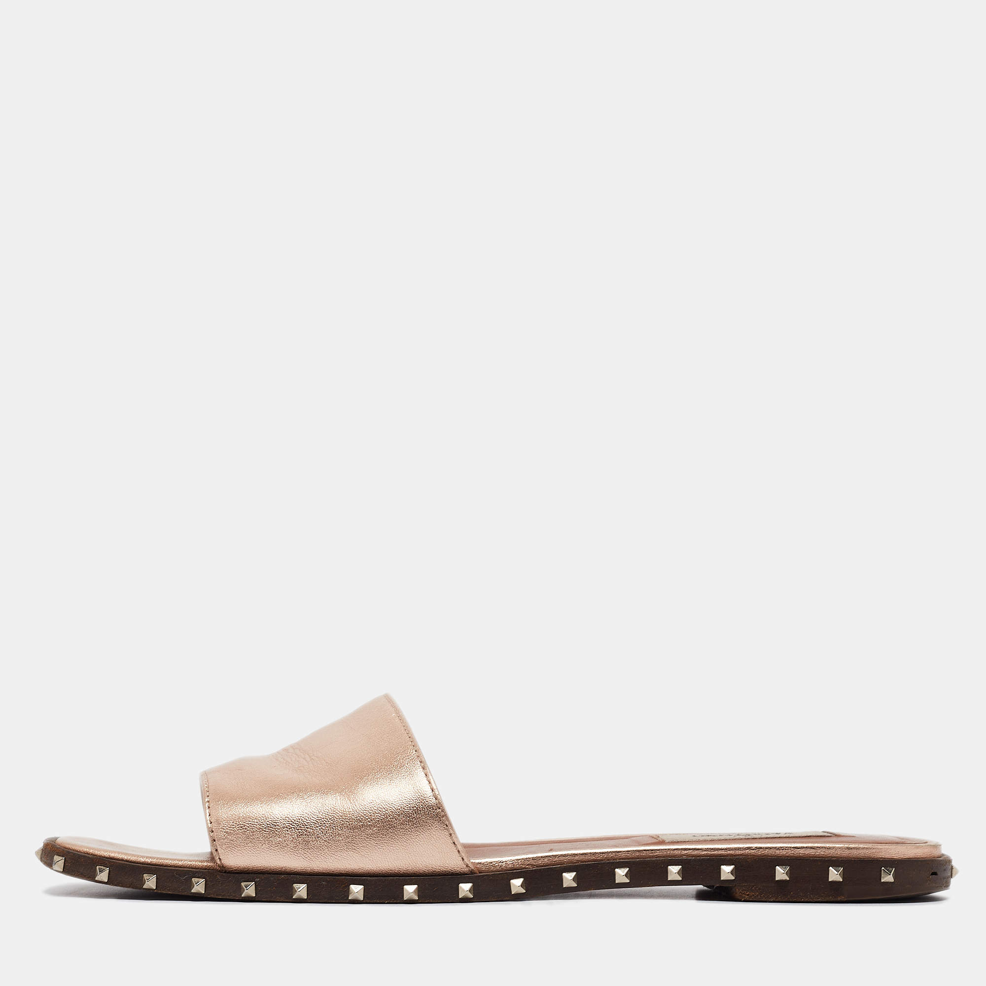 Pre Owned Valentino Gold Leather Rockstud Slide Flats Size 38