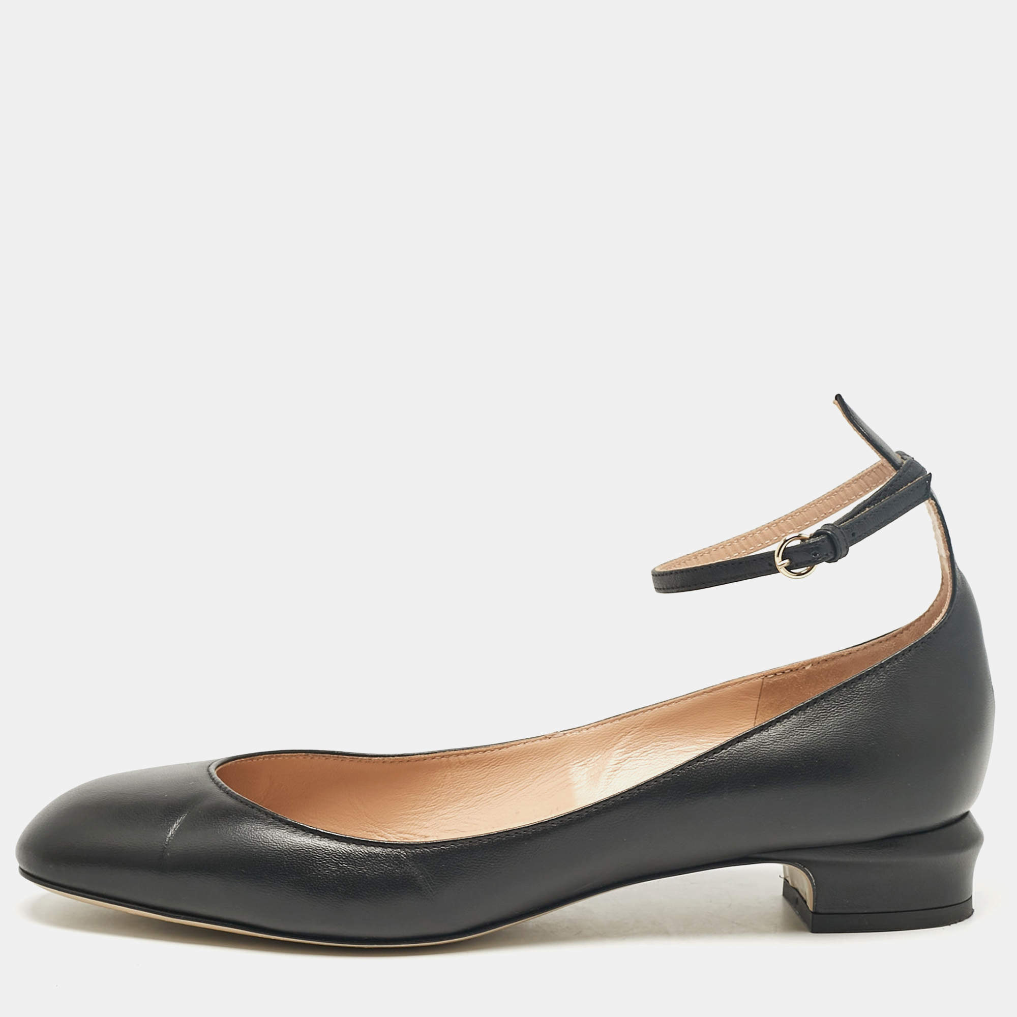 Pre Owned Valentino Black Leather Tango Ankle Strap Flats Size 40
