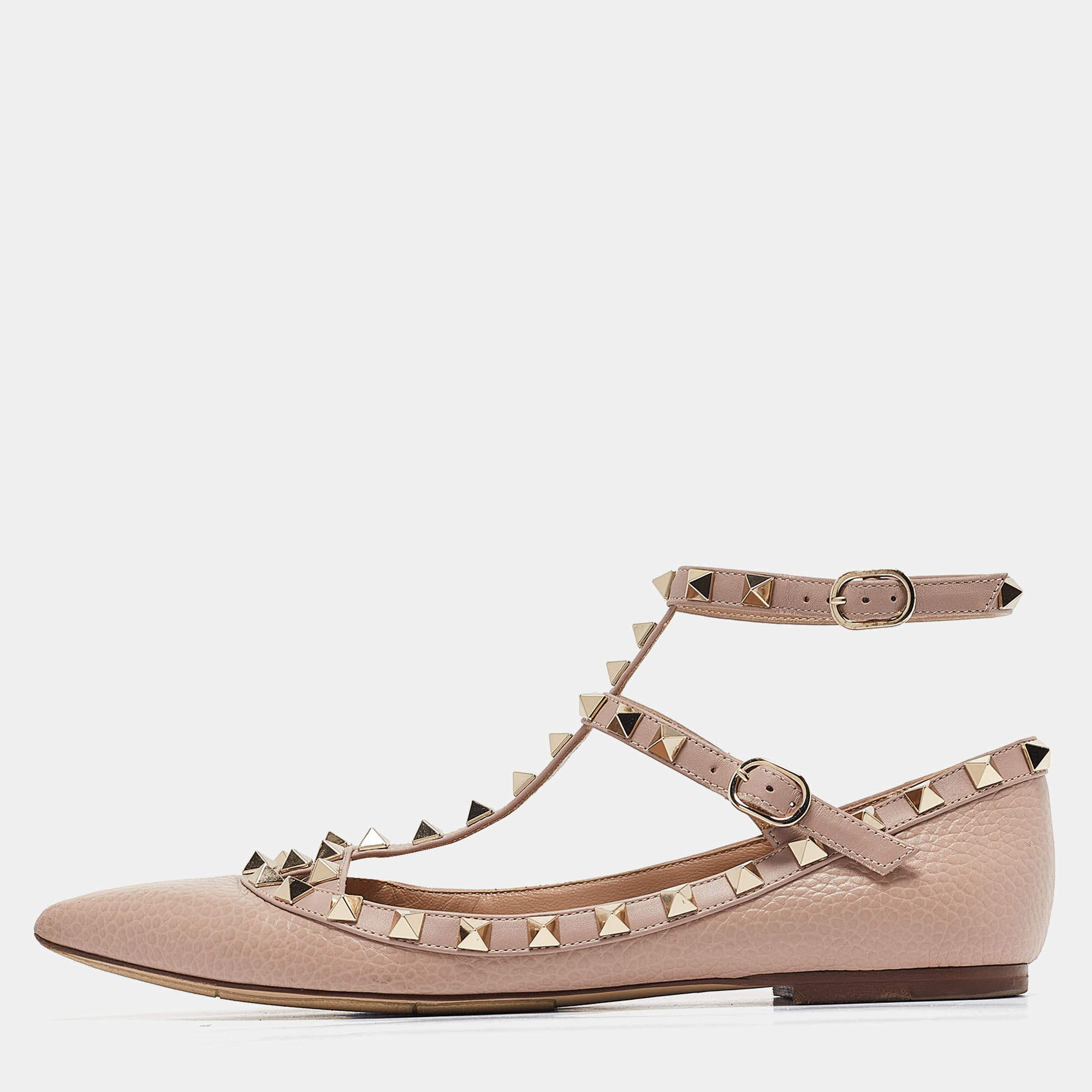 Pre Owned Valentino Beige Leather Rockstud Ballet Flats Size 37