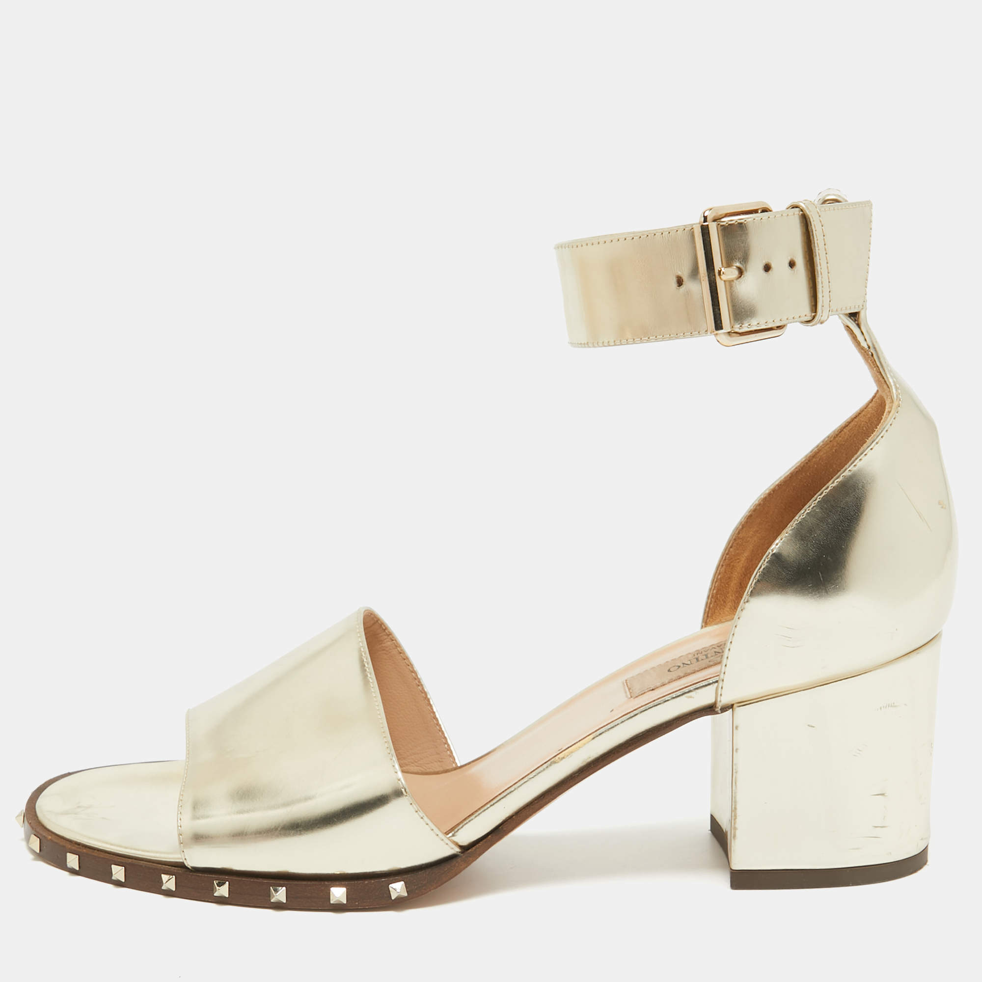 Valentino Gold Leather Soul Rockstud Ankle Strap Sandals Size 38