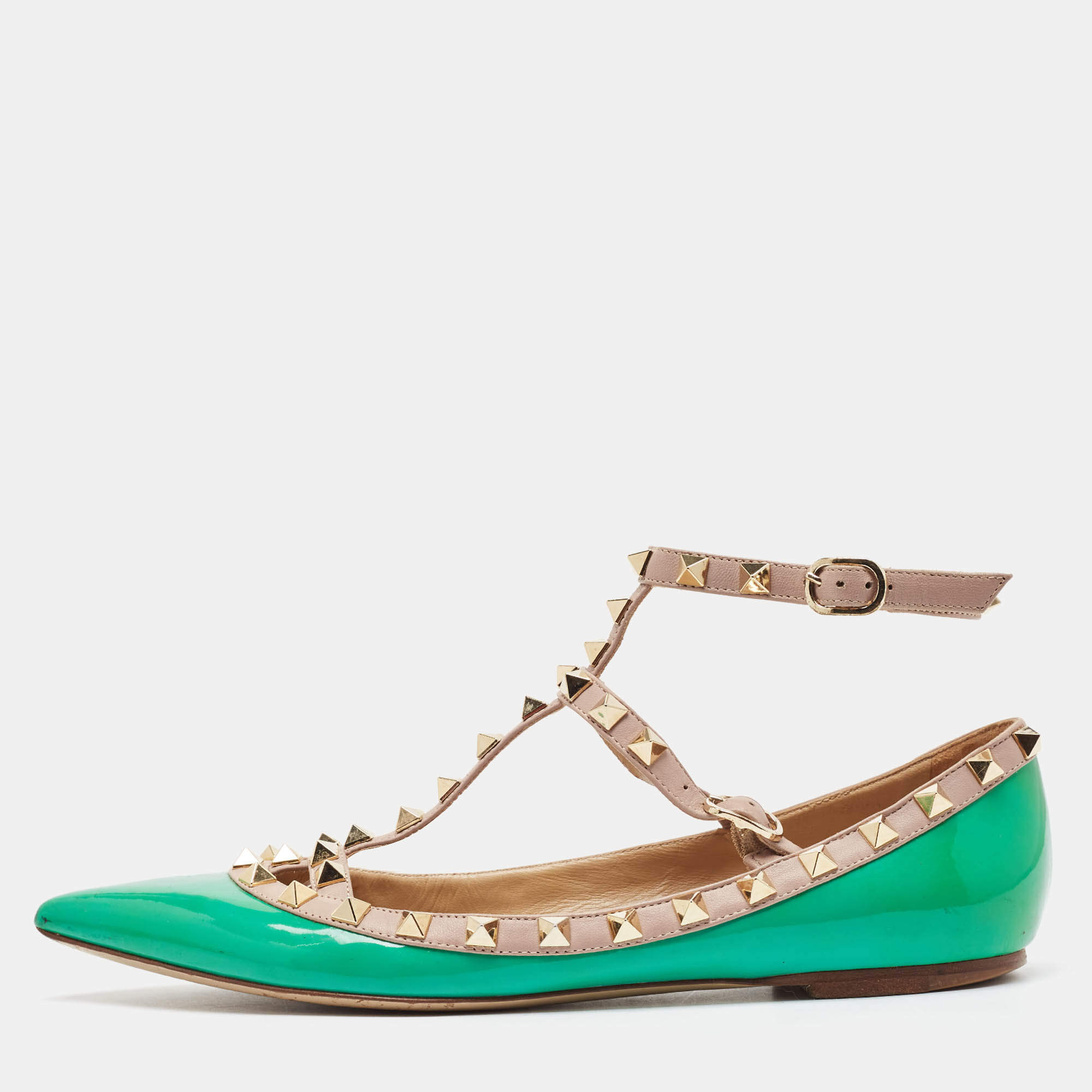 Valentino Green/Beige Patent and Leather Rockstud Ballet Flats Size 38