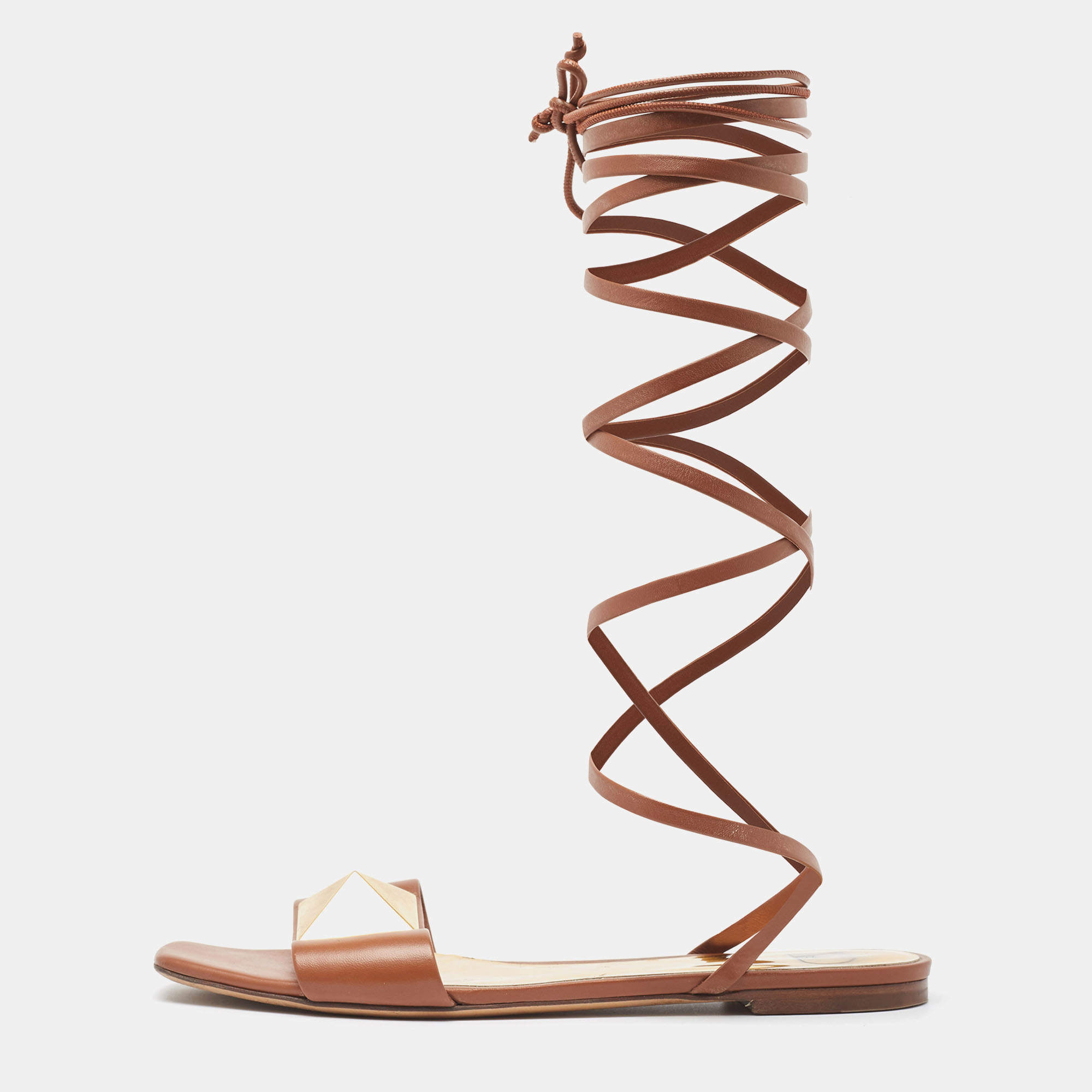 Pre Owned Valentino Brown Leather One Stud Wrap Around Flat Sandals Size 41.5