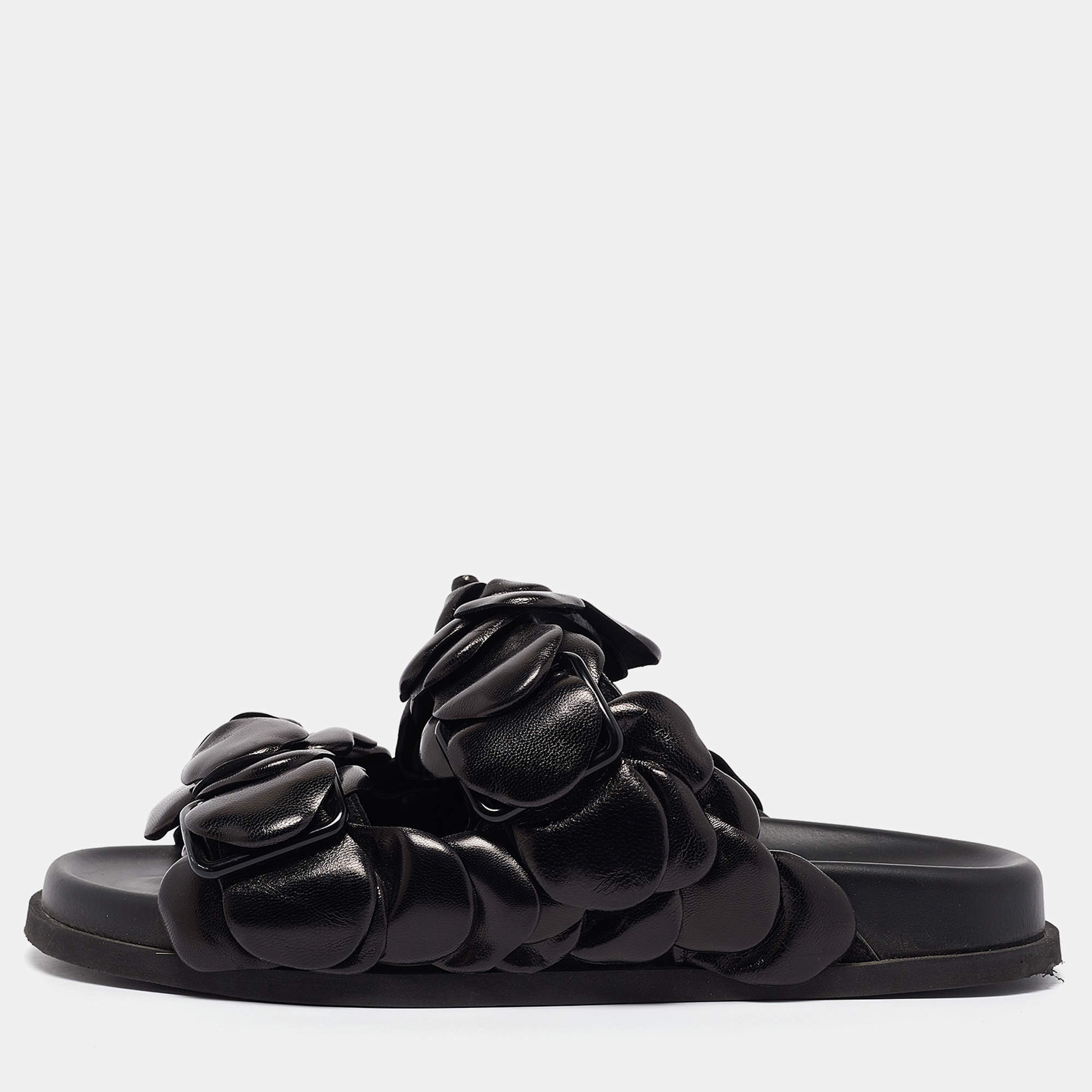 Valentino Black Leather 03 Rose Edition Atelier Flat Slides Size 36