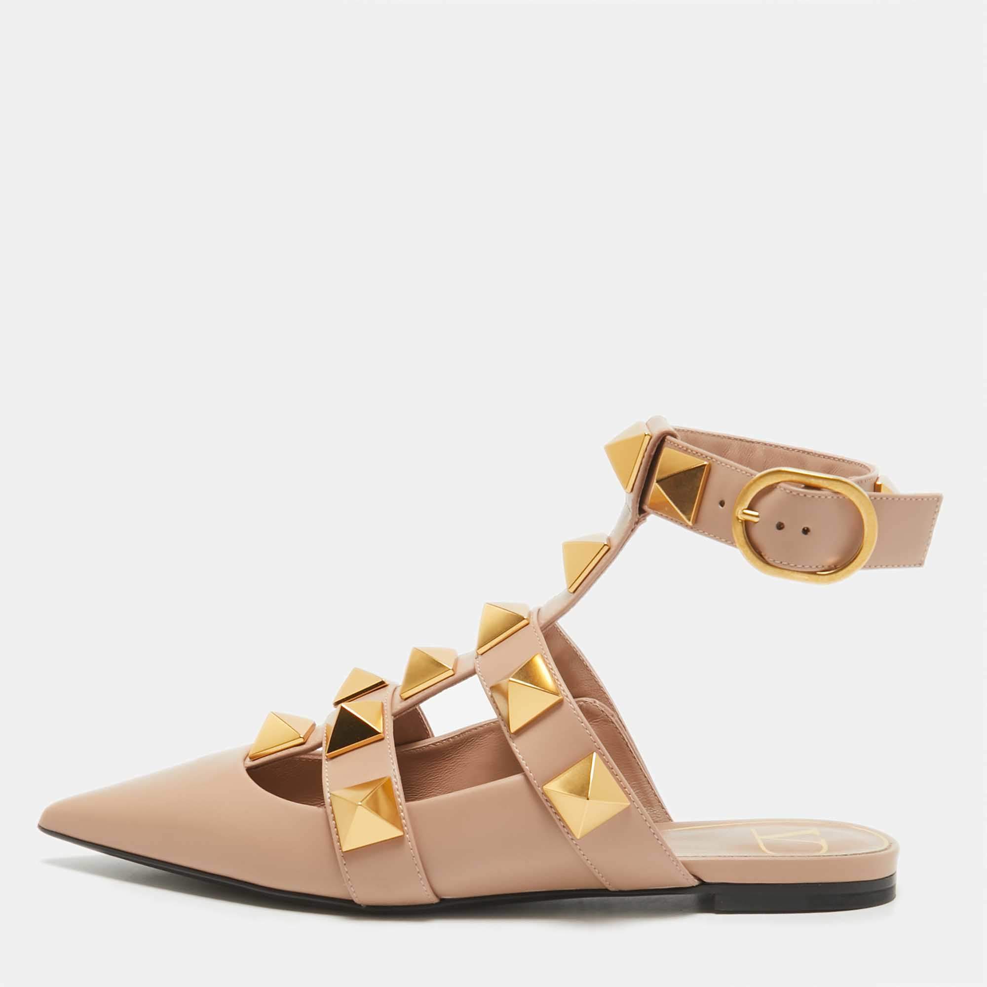 Pre Owned Valentino Beige Leather Roman Stud Flat Slides Size 35.5