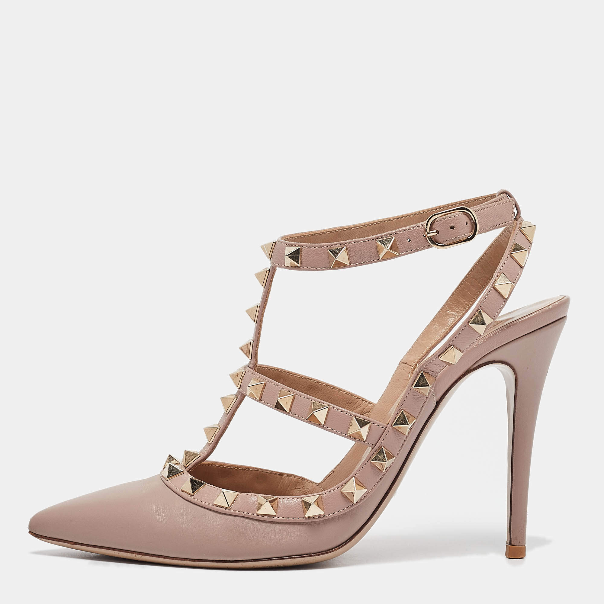 Pre Owned Valentino Dusty Pink Leather Rockstud Ankle Strap Pumps Size 37