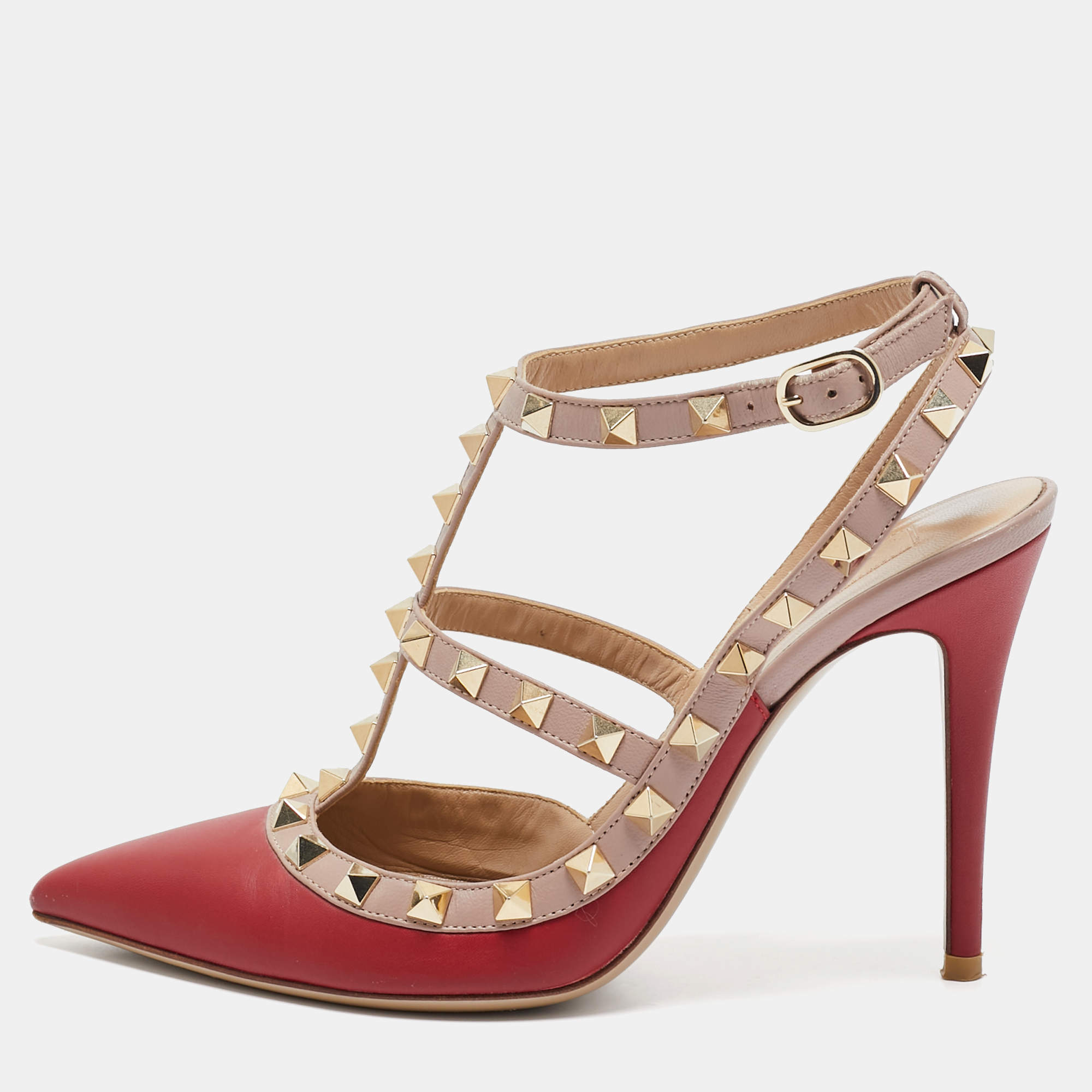 Pre Owned Valentino Red/Dusty Pink Leather Rockstud Ankle Strap Pumps Size 37