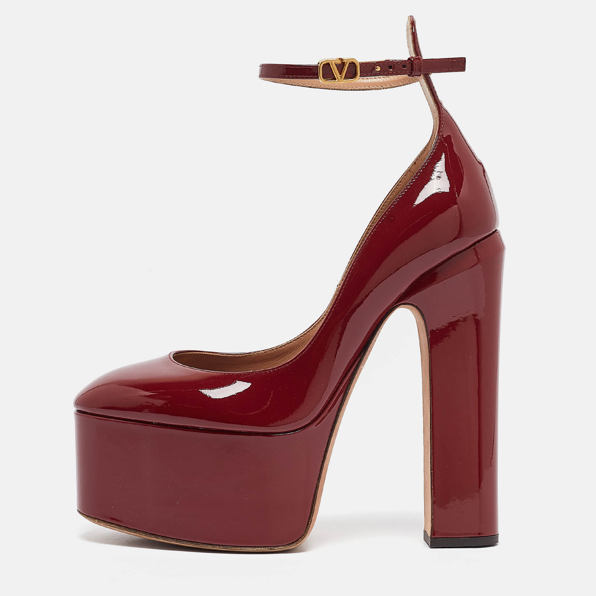 Valentino Burgundy Patent Leather Tango Block Heel Pumps Size 38