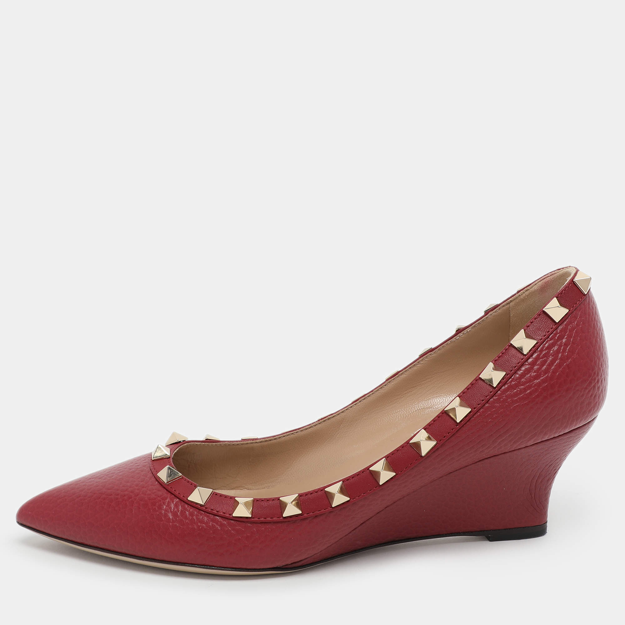 Valentino Burgundy Leather Rockstud Wedge Pumps Size 37